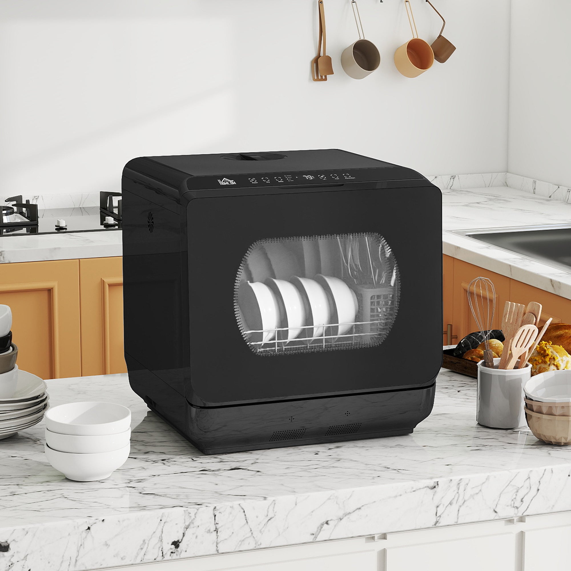Table Top Dishwasher, Mini Countertop Dishwasher No Plumbing with Built-in 6L Water Tank, 6 Programs, Touch Control, LED Display, 4 Place Settings, Dual Water Supply and Fruit Wash, Black