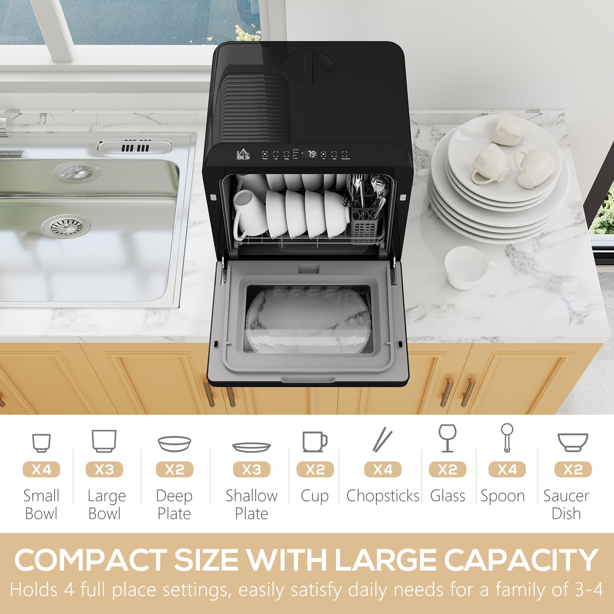 Table Top Dishwasher, Mini Countertop Dishwasher No Plumbing with Built-in 6L Water Tank, 6 Programs, Touch Control, LED Display, 4 Place Settings, Dual Water Supply and Fruit Wash, Black