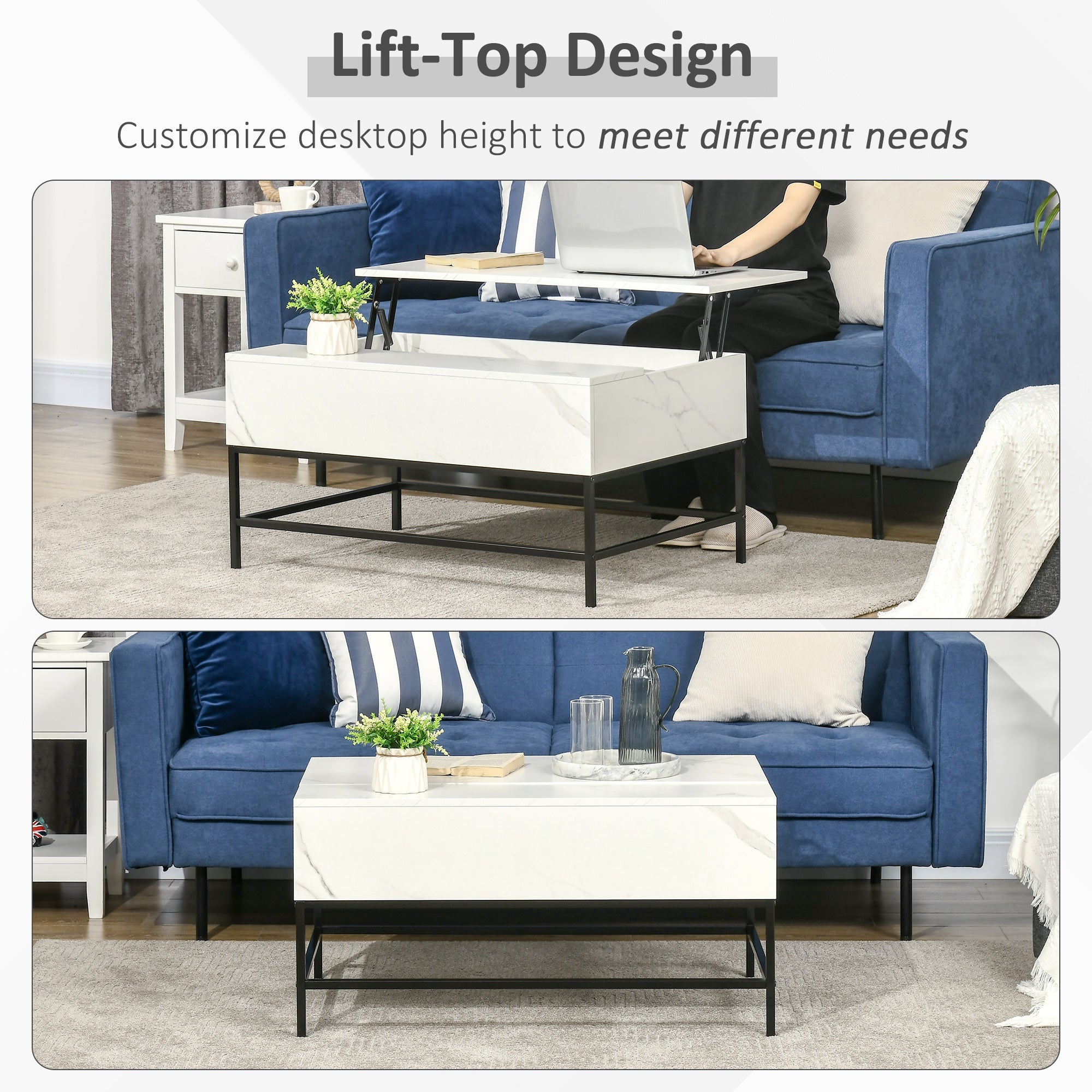 Modern Lift Top Coffee Table with Hidden Storage Compartment and Metal Legs Living Room White