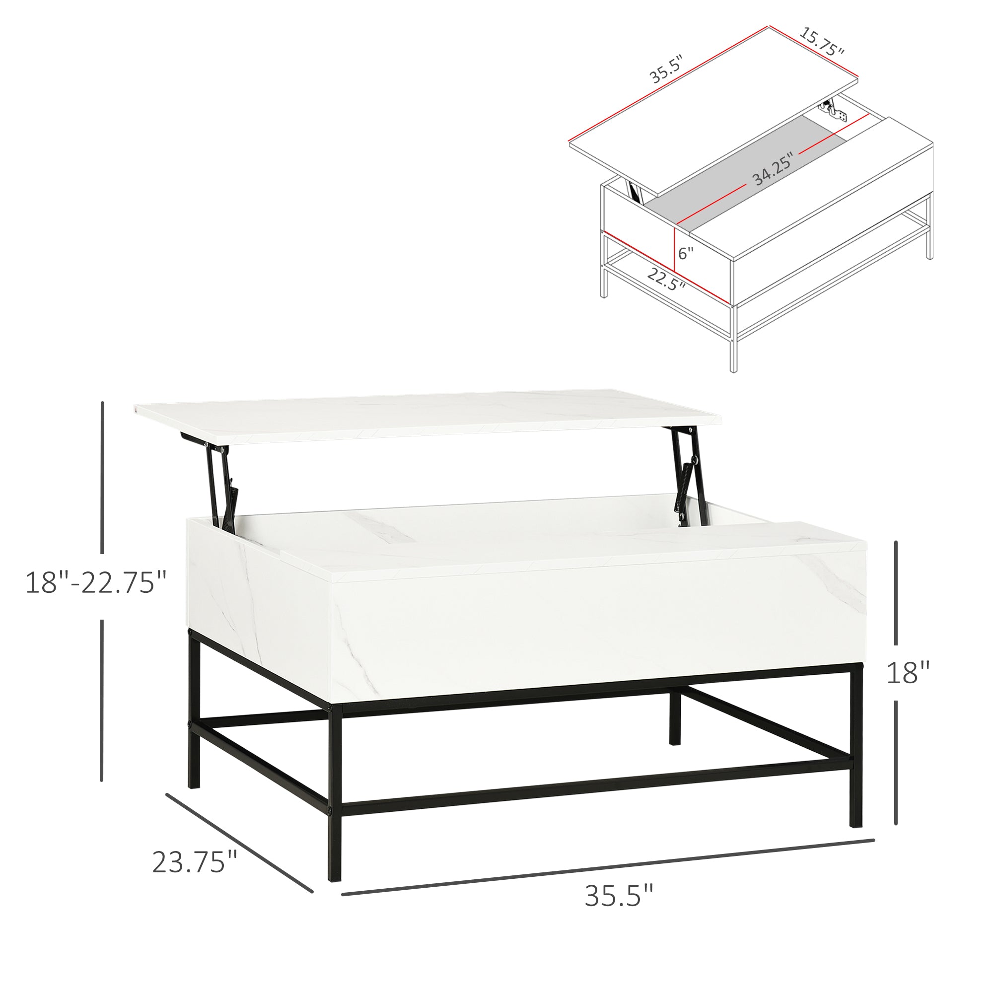 Modern Lift Top Coffee Table with Hidden Storage Compartment and Metal Legs Living Room White