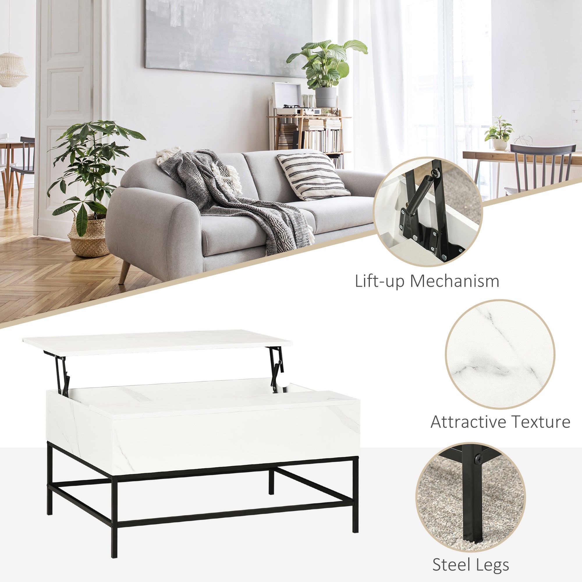 Modern Lift Top Coffee Table with Hidden Storage Compartment and Metal Legs Living Room White