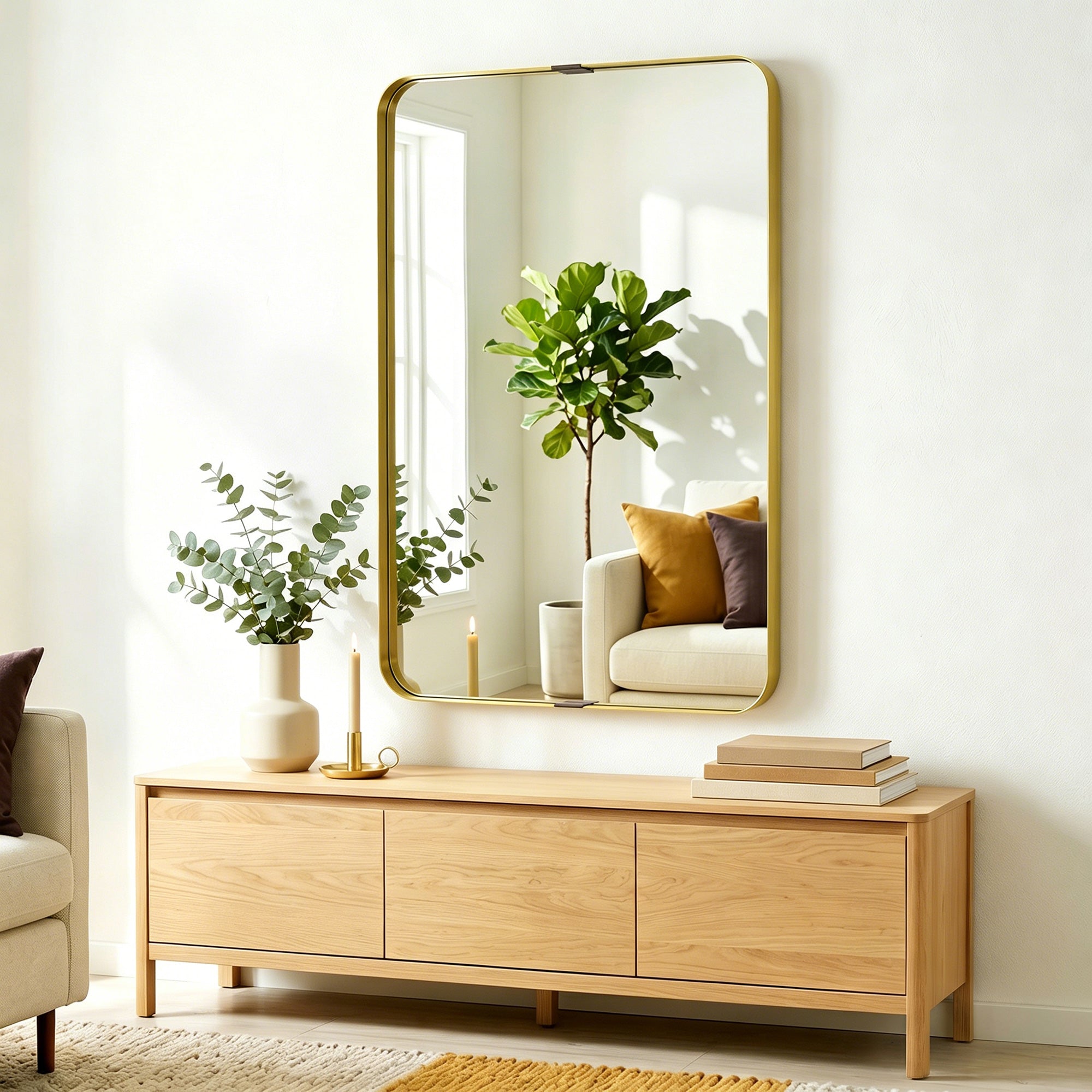 Rectangular Wall Mirror, 90 x 60 cm Wall Mounted Bathroom Mirror with Aluminium Alloy Frame and Tempered Glass for Hallway, Living Room, Bedroom, Gold Tone