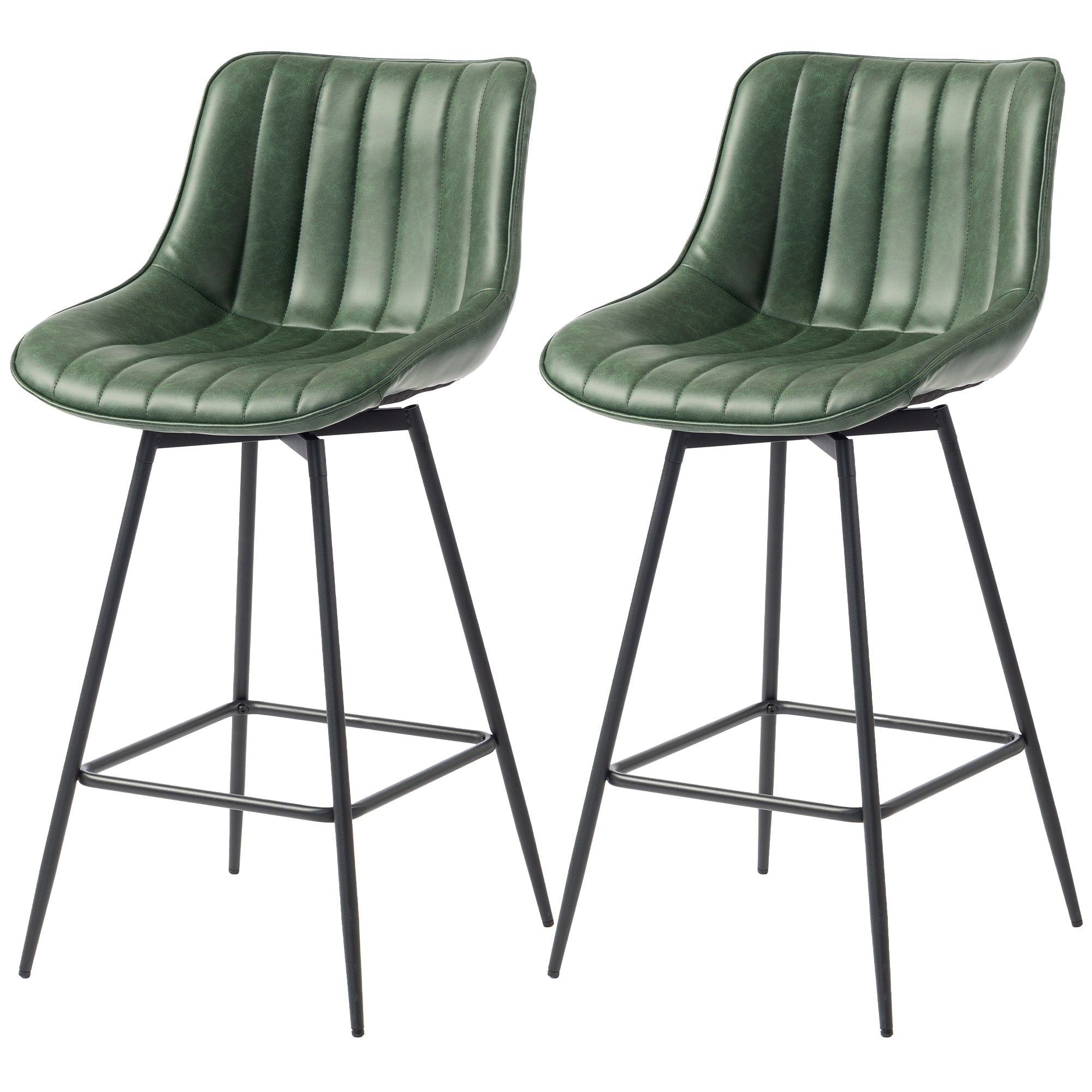 Swivel Bar Stools Set of 2, Textured Faux Leather Counter Stools with Backrest and Footrest, Height Adjustable Breakfast Chairs for Kitchen Island, Home Bar, Dining Room, Dark Green