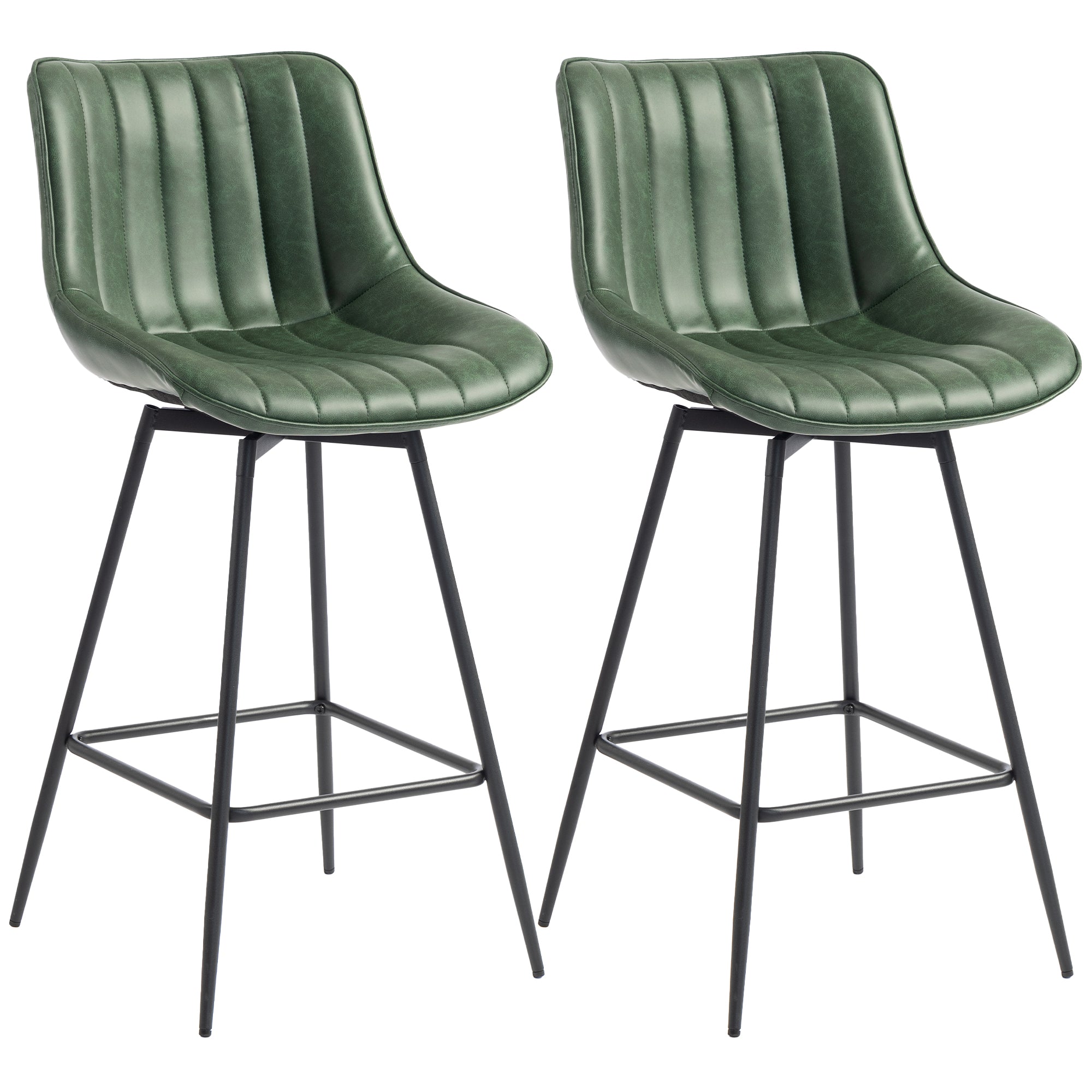 Swivel Bar Stools Set of 2, Textured Faux Leather Counter Stools with Backrest and Footrest, Height Adjustable Breakfast Chairs for Kitchen Island, Home Bar, Dining Room, Dark Green