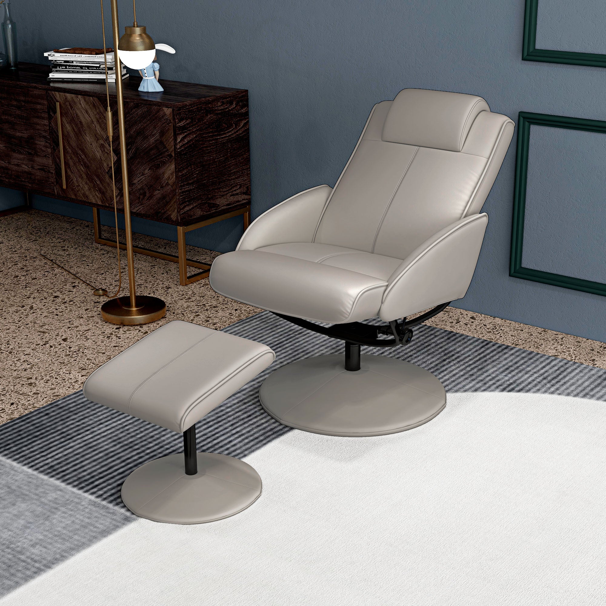 HOMCOM Recliner Chair and Footstool, Swivel PU Leather Upholstered Armchair with Footstool and Adjustable Backrest for Living Room, Bedroom, Grey
