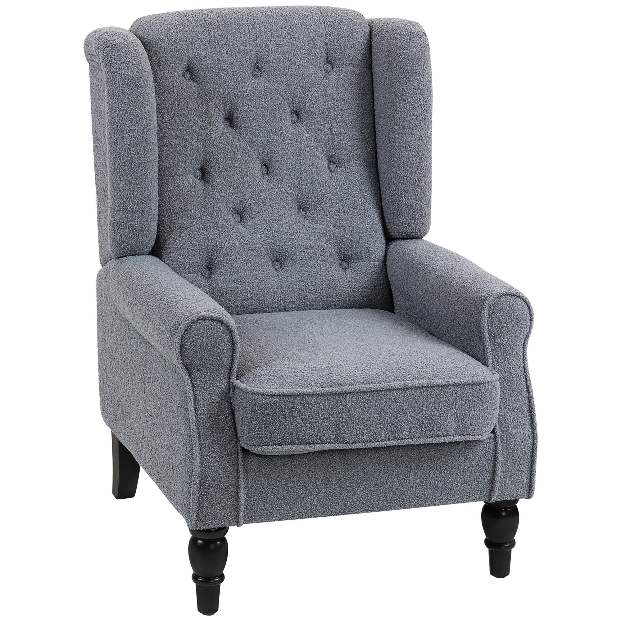 Retro Accent Chair, Teddy Fleece Wingback Armchair with Wood Frame Button Tufted Design for Living Room Bedroom, Grey