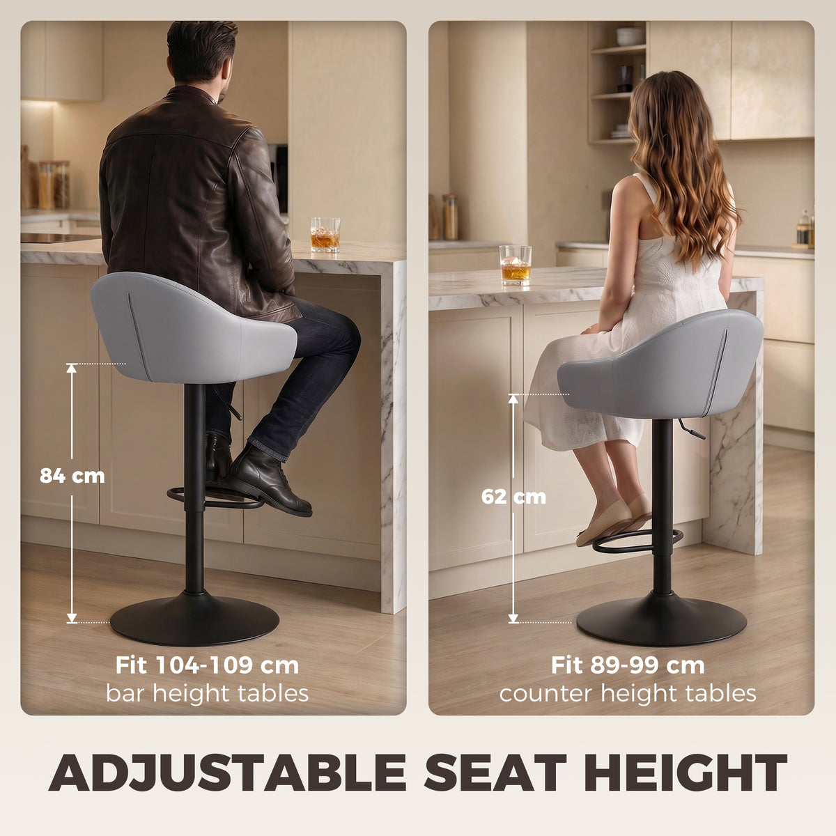 Breakfast Bar Stools Set of 2, Modern Faux Leather Swivel Barstools, Adjustable Counter Height Bar Chairs with Backrest, Arm, Footrest for Kitchen Island, Dining Room, Bar, Grey