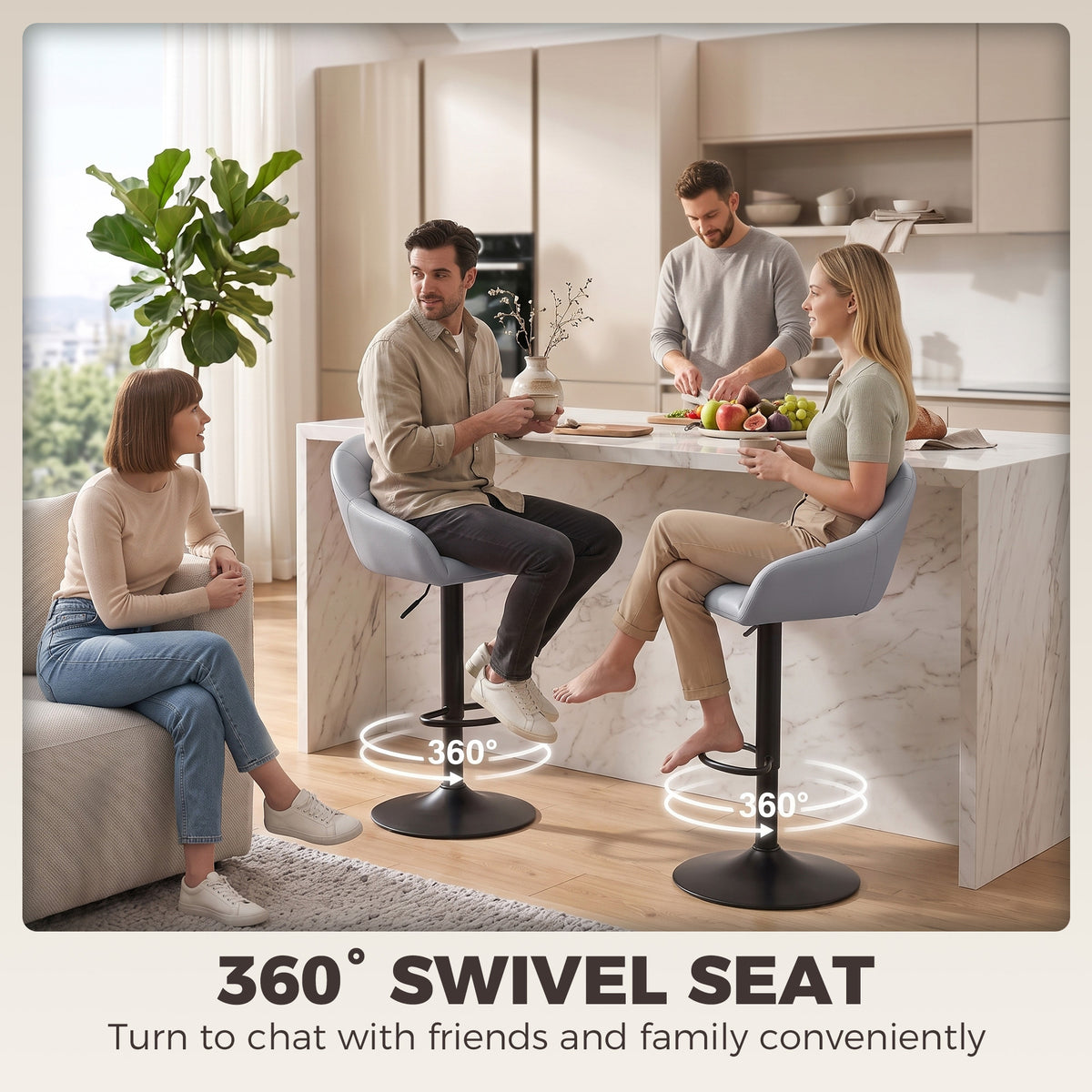 Breakfast Bar Stools Set of 2, Modern Faux Leather Swivel Barstools, Adjustable Counter Height Bar Chairs with Backrest, Arm, Footrest for Kitchen Island, Dining Room, Bar, Grey