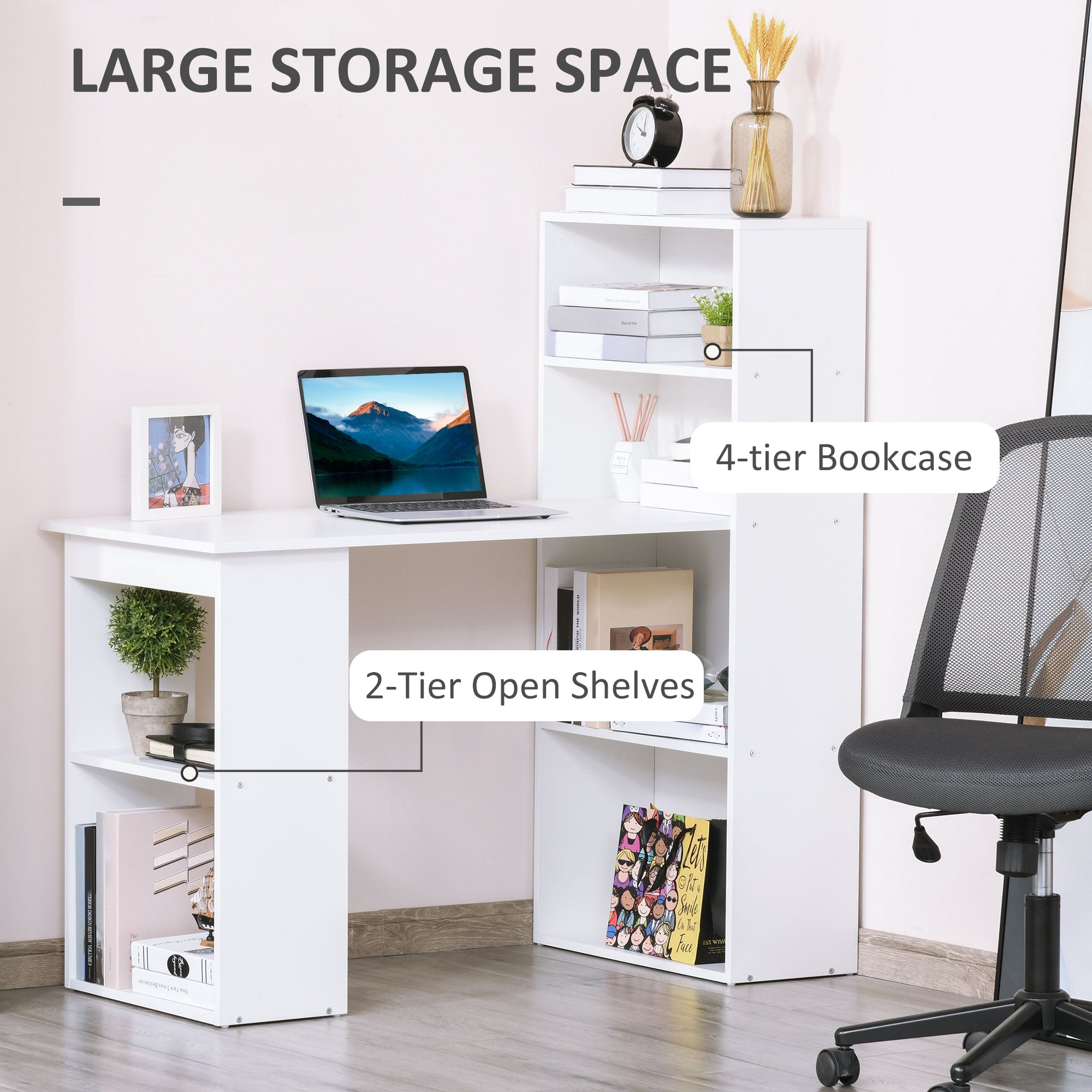 HOMCOM Modern Computer Desk with Storage Shelves, Writing Table Workstation with Bookshelf for Home Office, White