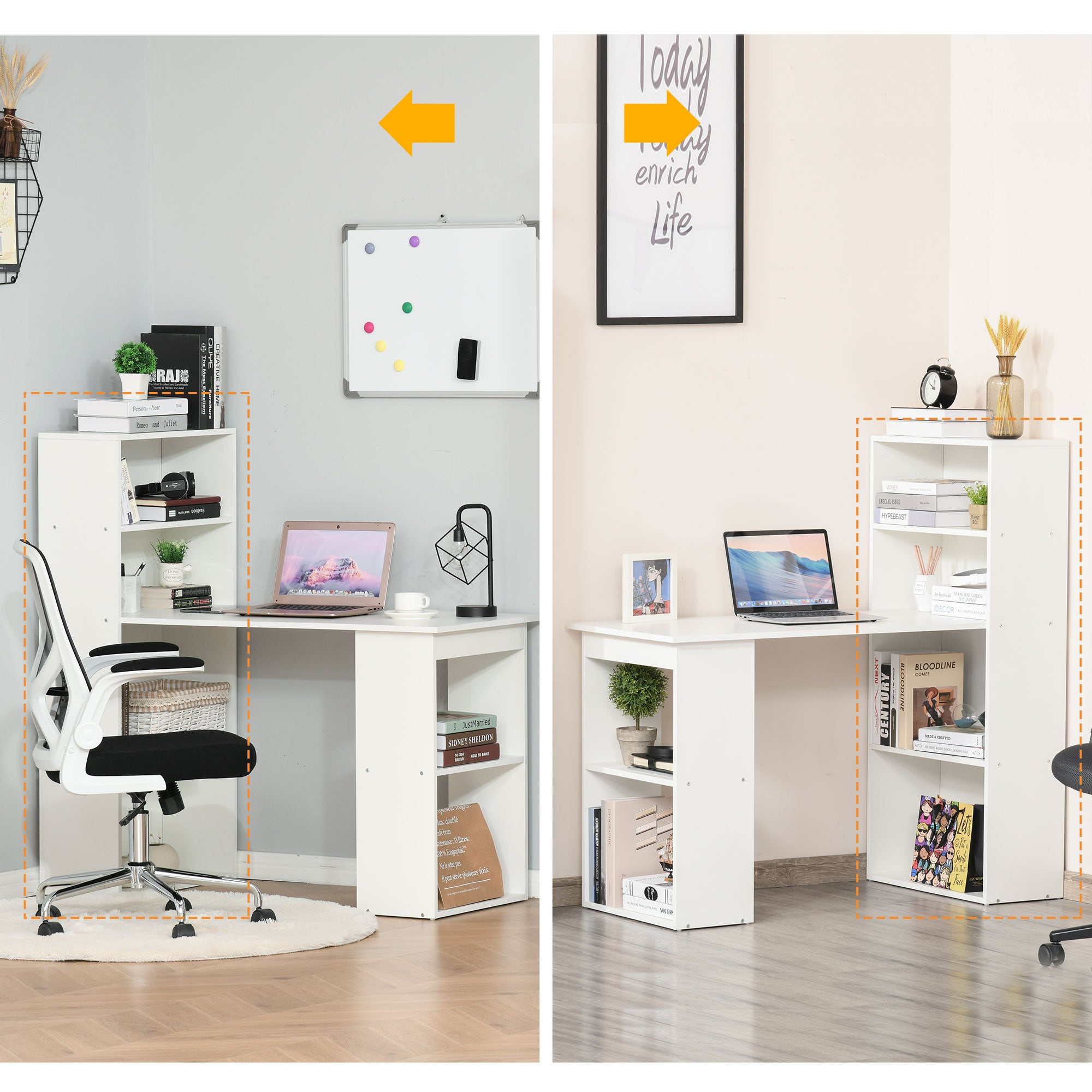 HOMCOM Modern Computer Desk with Storage Shelves, Writing Table Workstation with Bookshelf for Home Office, White