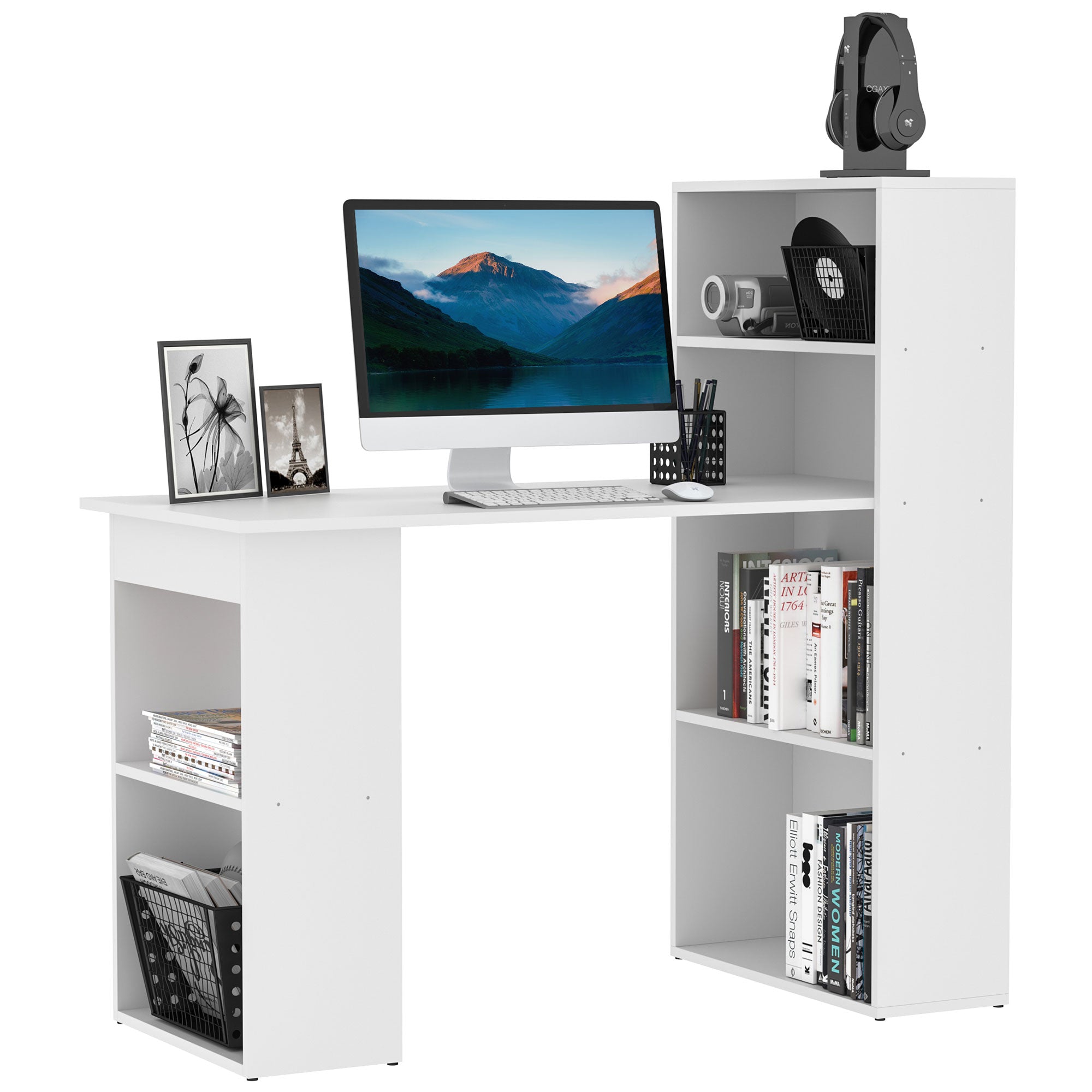 HOMCOM Modern Computer Desk with Storage Shelves, Writing Table Workstation with Bookshelf for Home Office, White