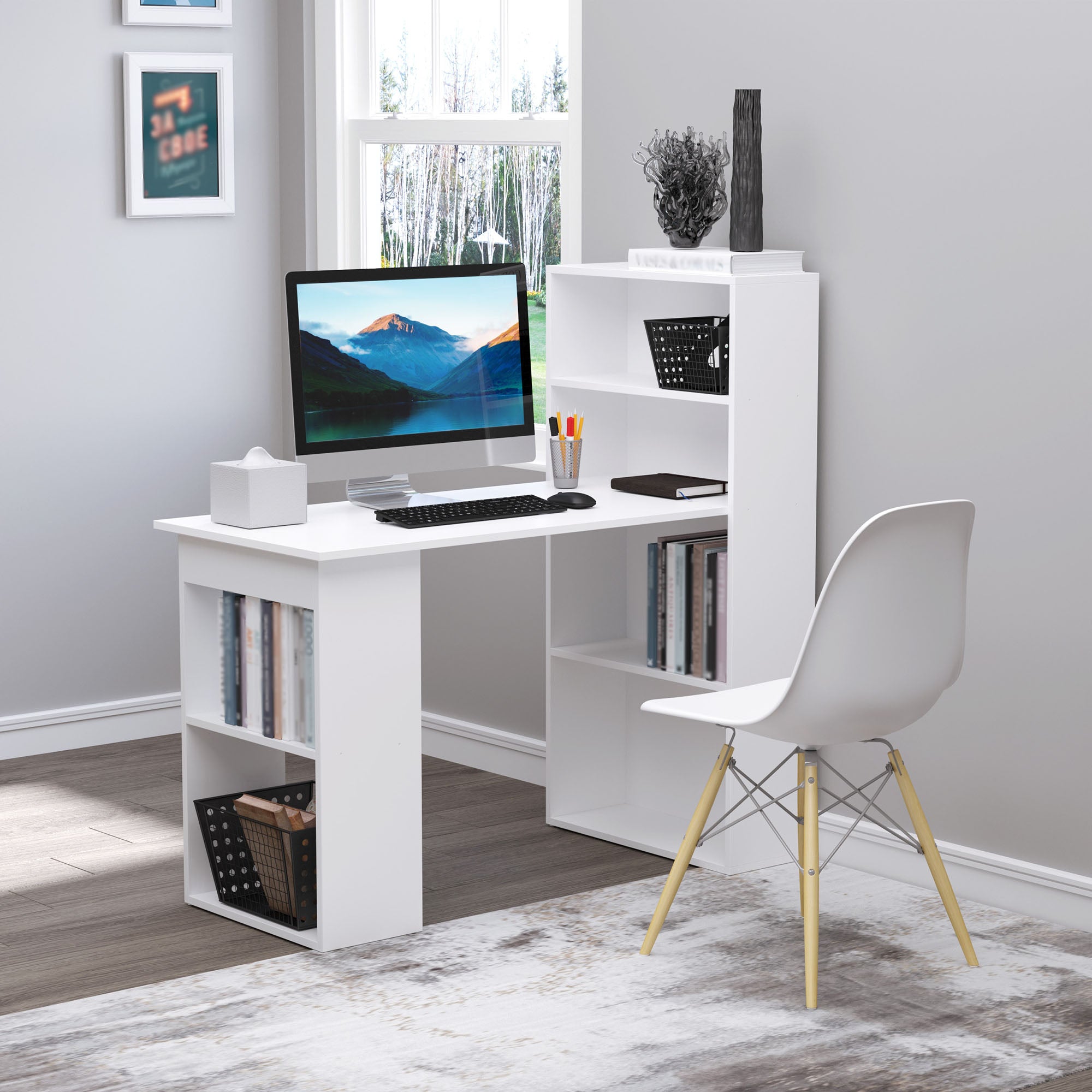 HOMCOM Modern Computer Desk with Storage Shelves, Writing Table Workstation with Bookshelf for Home Office, White