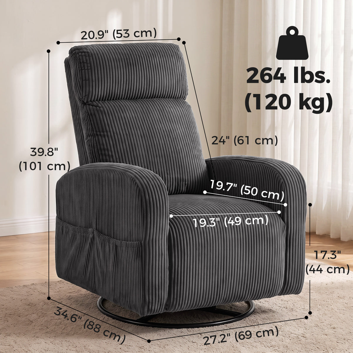 360° Swivel Accent Chair, Modern Armchair with Thick Backrest & Cushion, Corduroy Upholstered Living Room Lounge with Steel Legs for Study, Dark Grey