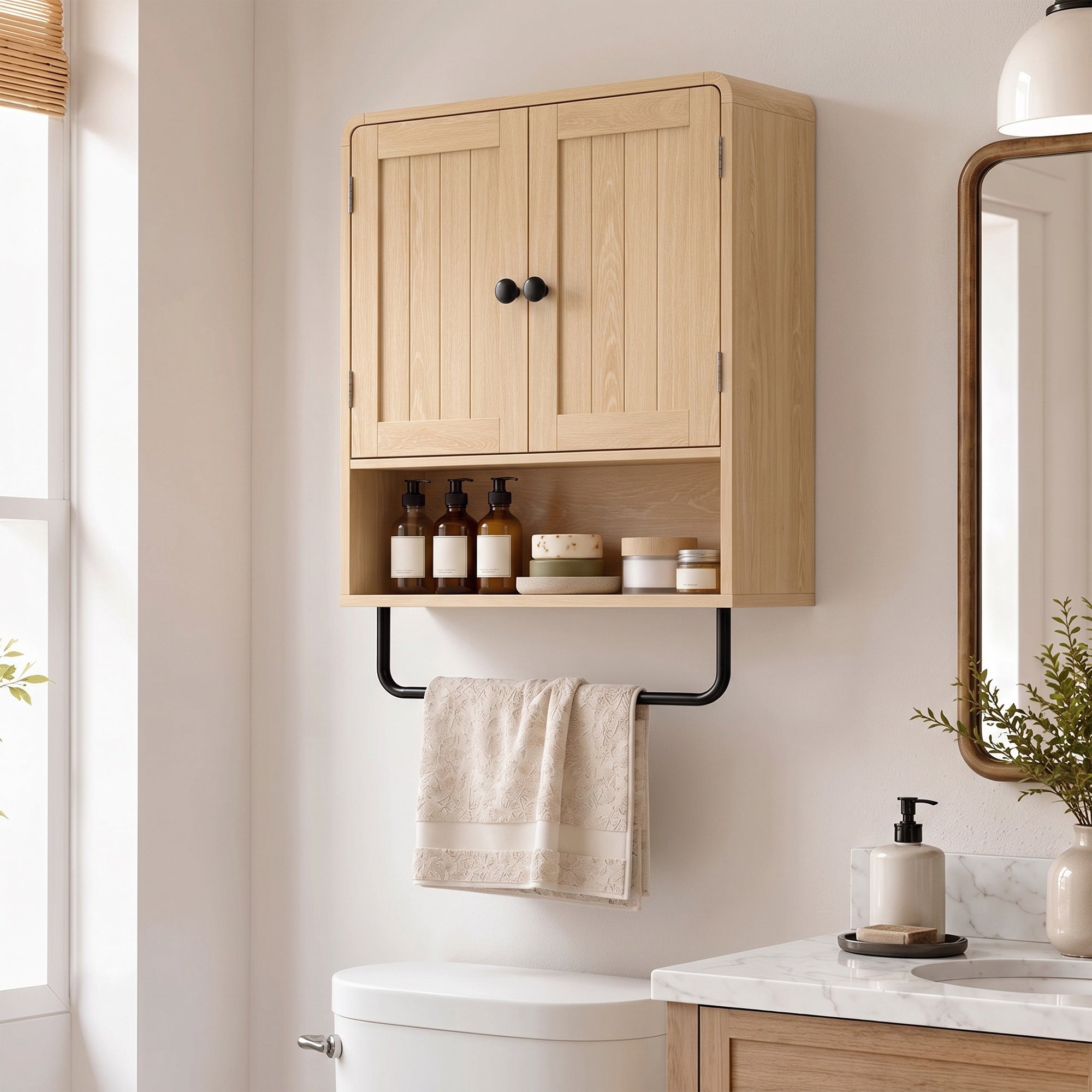 Bathroom Wall Cabinet, Wall Mounted Bathroom Cabinet with 2 Doors, Open Shelf, Towel Bar and Adjustable Shelf Storage for Toilet, Laundry, Oak