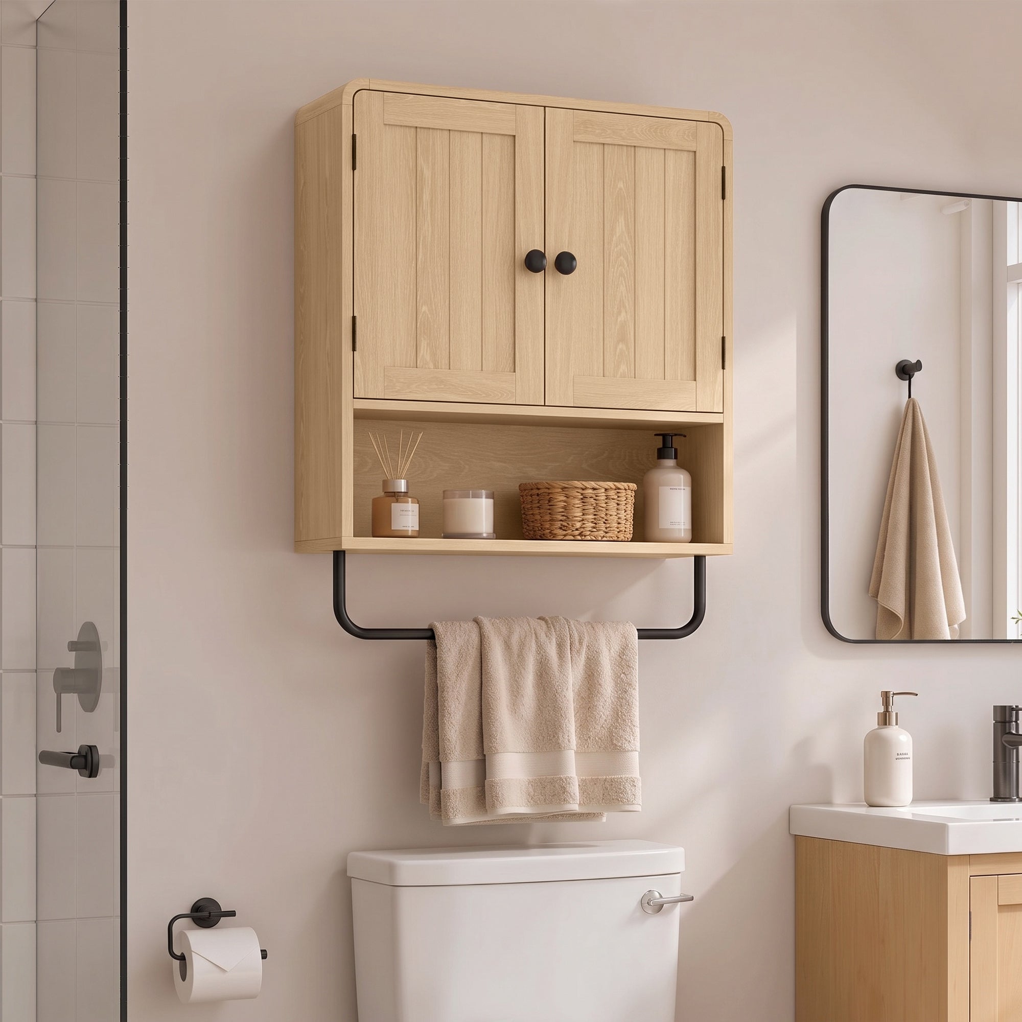 Bathroom Wall Cabinet, Wall Mounted Bathroom Cabinet with 2 Doors, Open Shelf, Towel Bar and Adjustable Shelf Storage for Toilet, Laundry, Oak