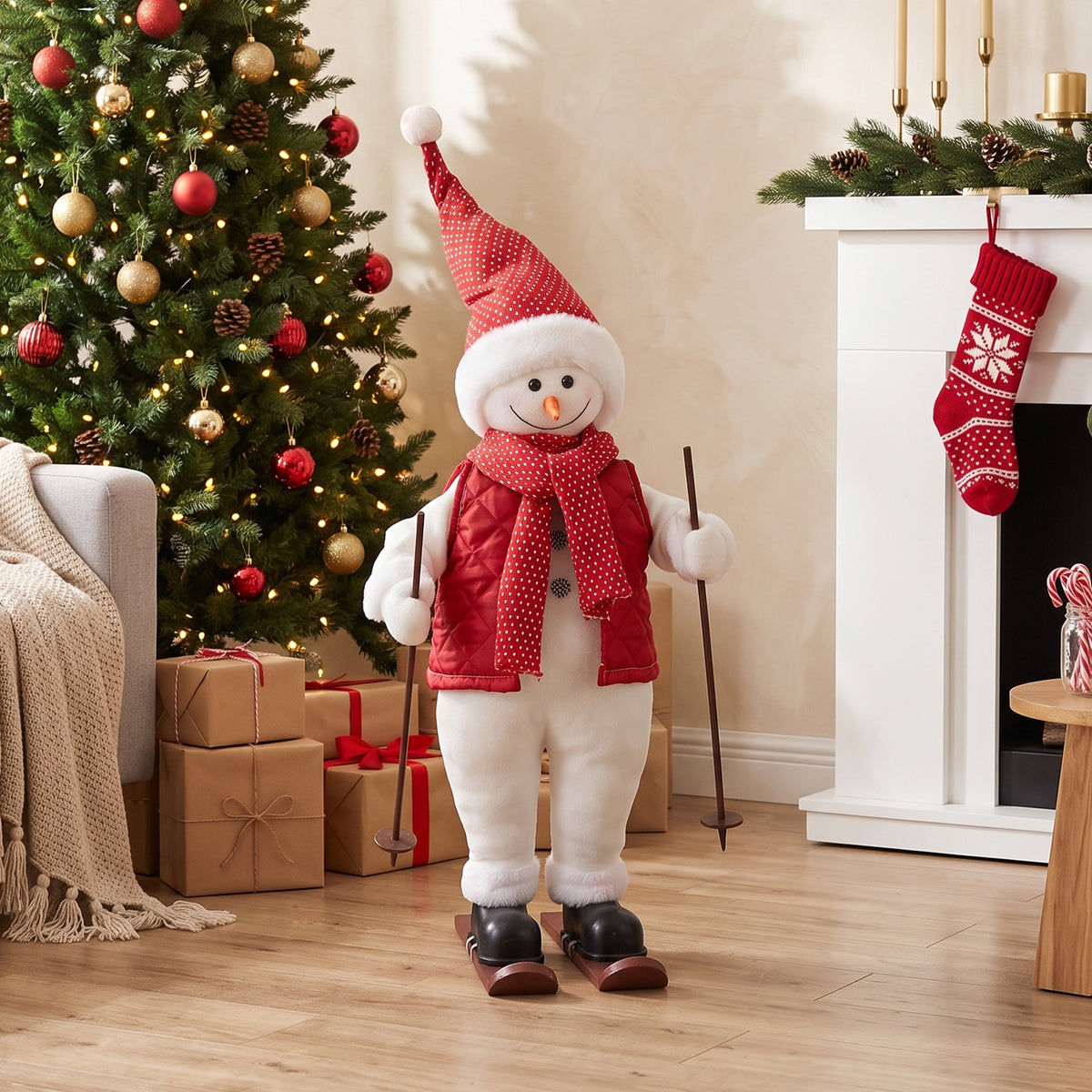 2ft Singing Skiing Santa Claus, 65 cm Standing Musical Animated Santa with Ski Board and Poles, Posable Arms, Handcrafted, Sound Touch Activated, Moving Christmas Figure Decoration