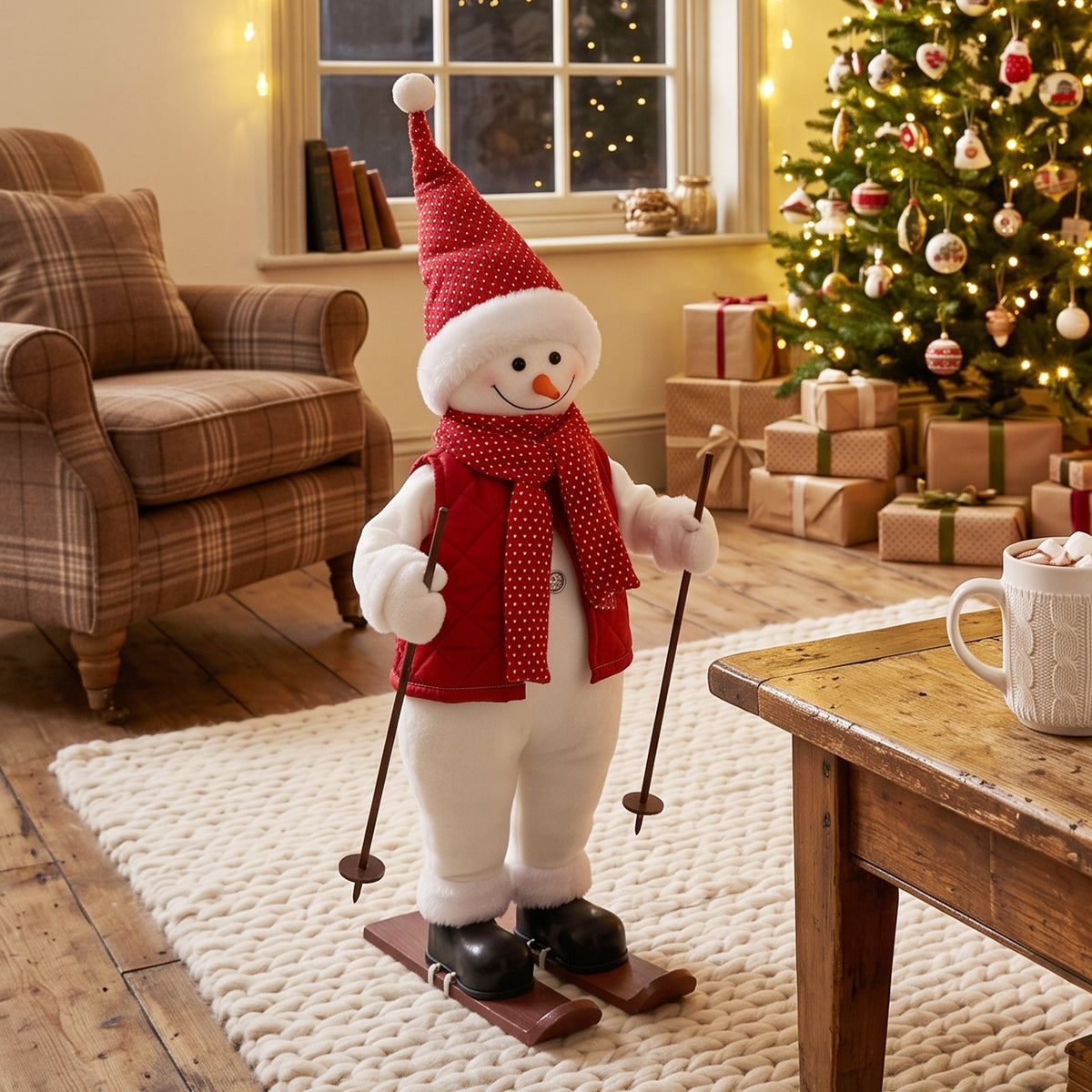 2ft Singing Skiing Santa Claus, 65 cm Standing Musical Animated Santa with Ski Board and Poles, Posable Arms, Handcrafted, Sound Touch Activated, Moving Christmas Figure Decoration
