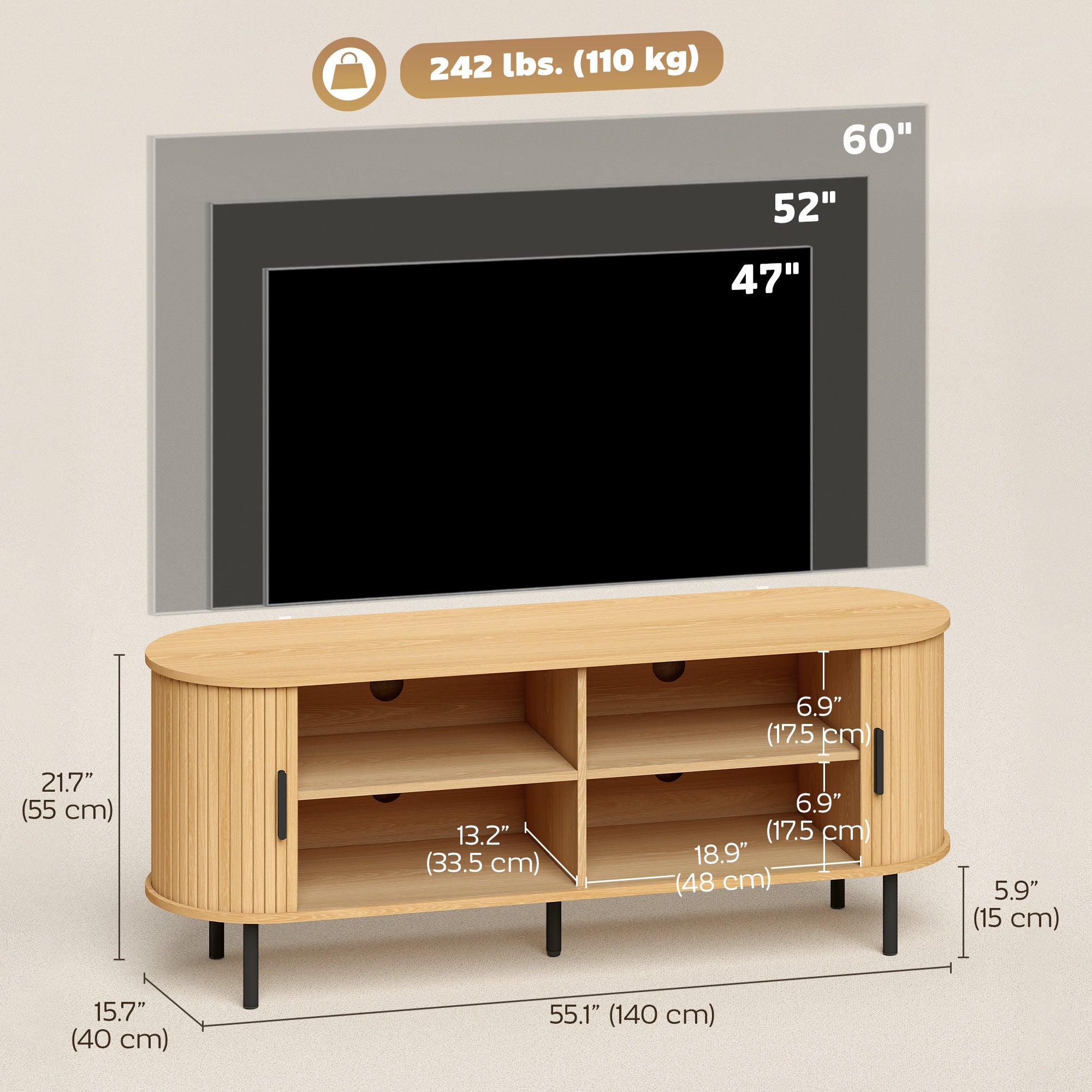 TV Stand for TVs up to 60", Modern Entertainment Center with Curved Sliding Doors, Media Console with 6 Storage Compartments, Natural Wood