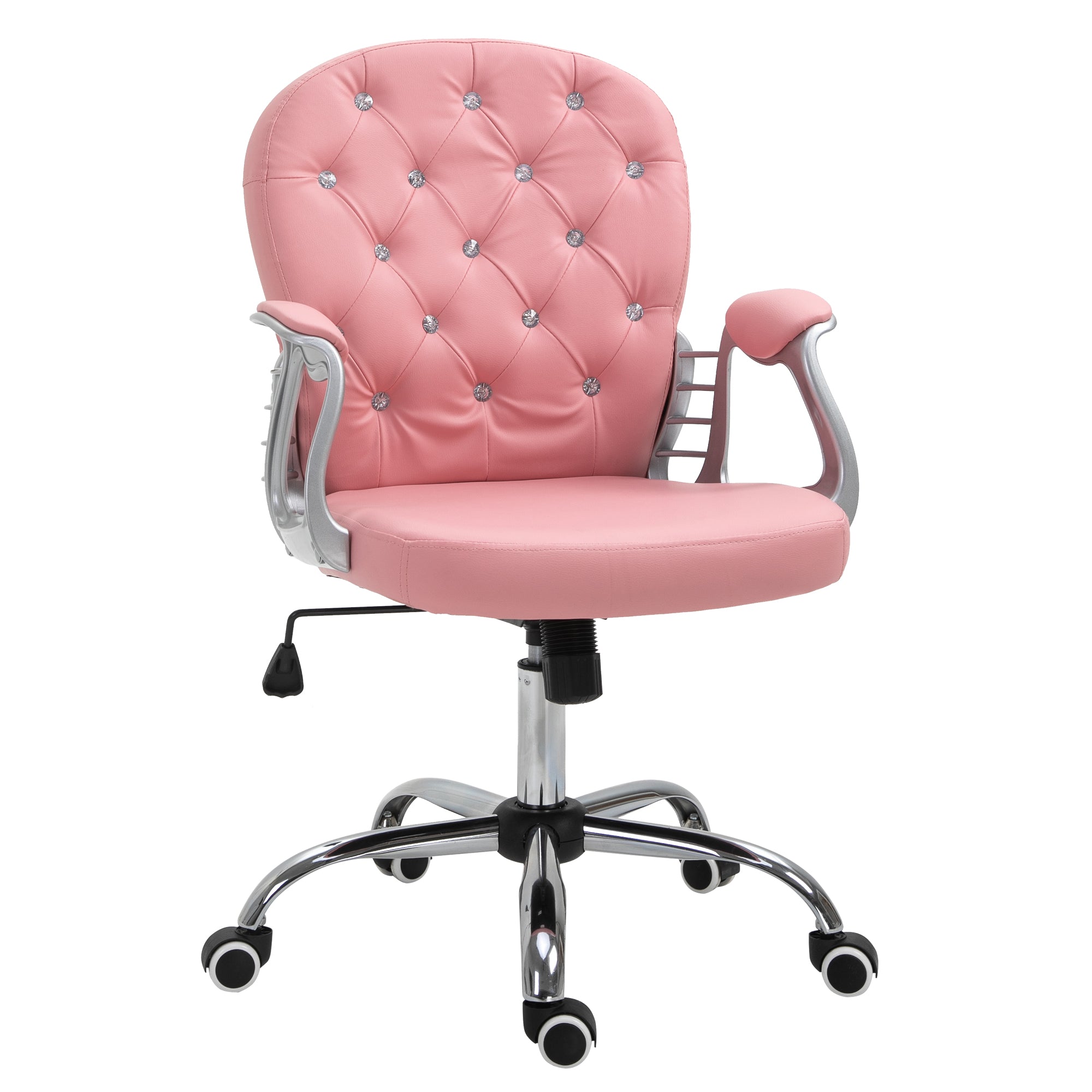 PU Leather Home Office Chair, Button Tufted Desk Chair with Padded Armrests, Adjustable Height and Swivel Wheels, Pink