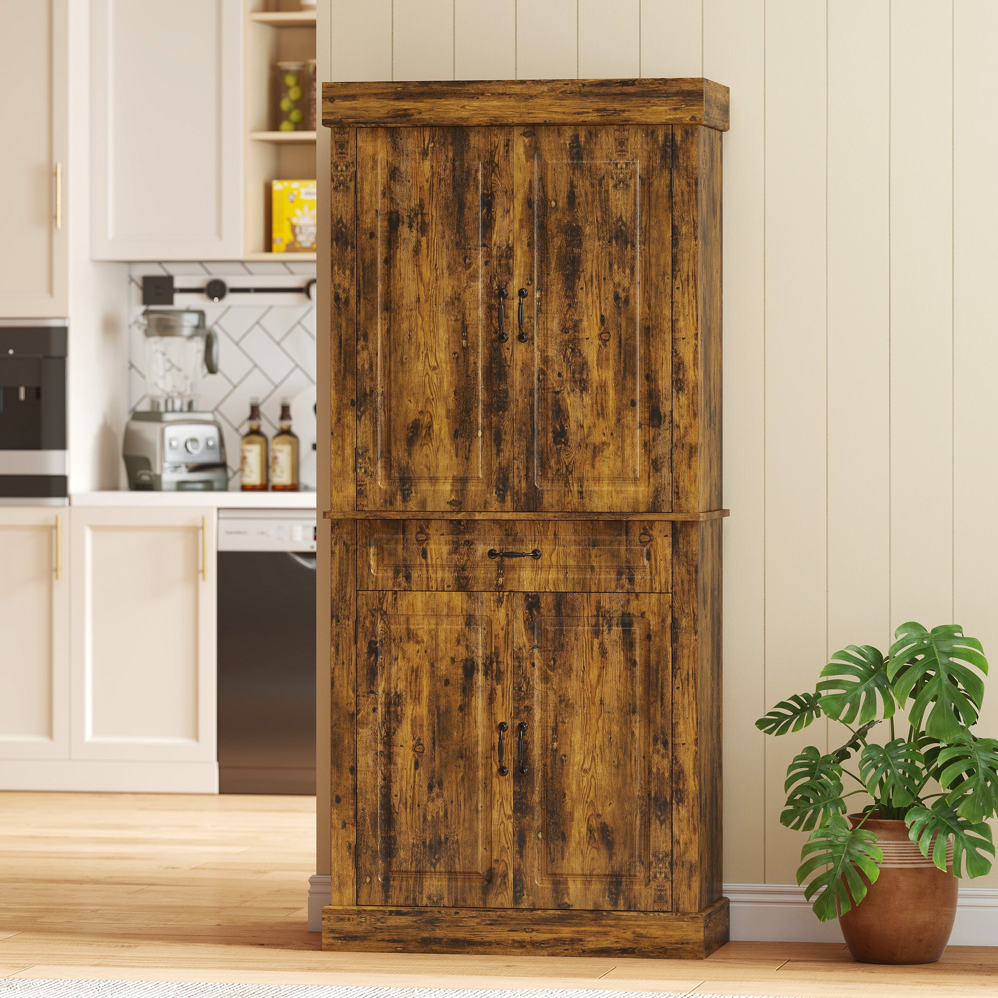 Kitchen Cupboard with 4 Doors, Freestanding Storage Cabinet with Wide Drawer and Shelves for Living Room, 180cm,Brown