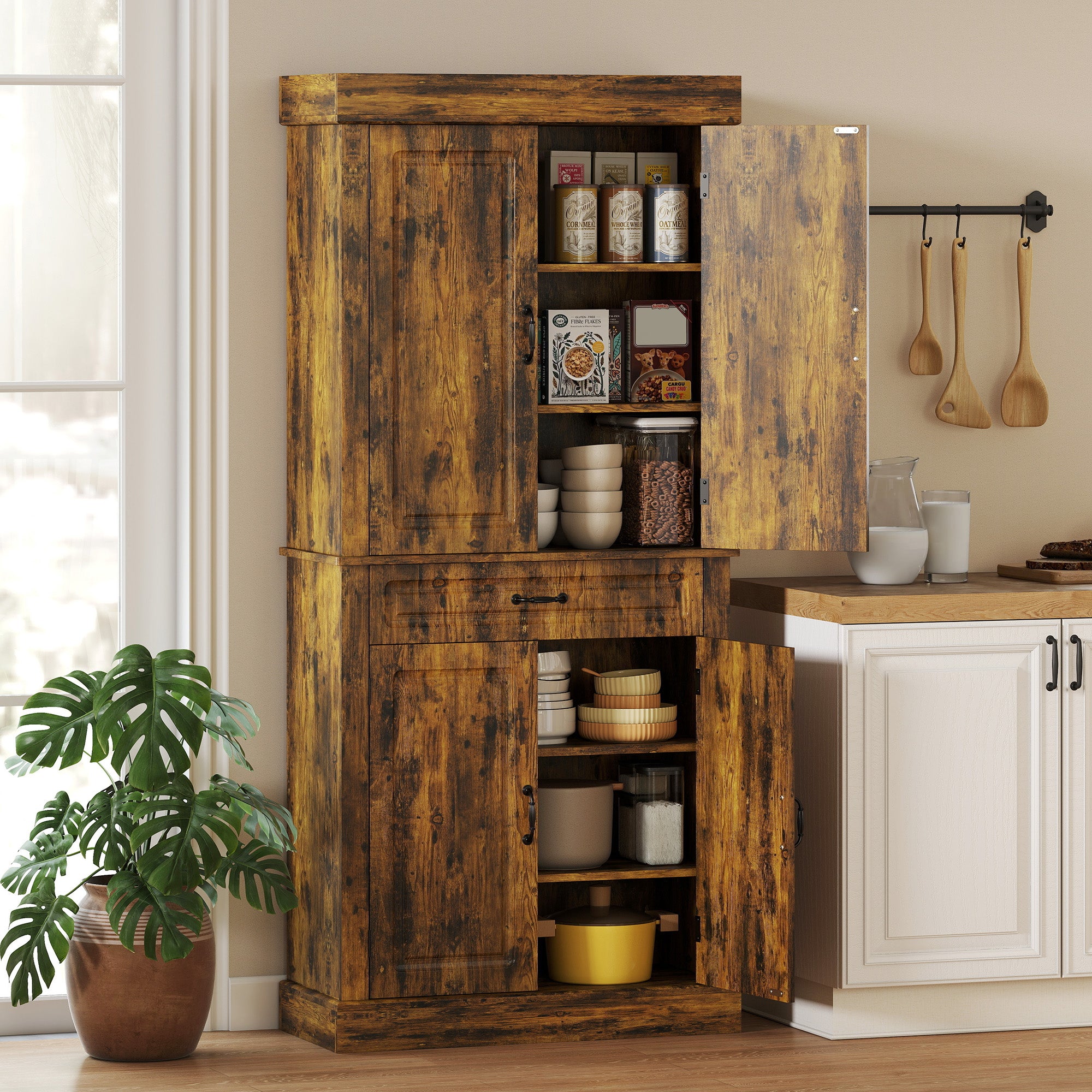 Kitchen Cupboard with 4 Doors, Freestanding Storage Cabinet with Wide Drawer and Shelves for Living Room, 180cm,Brown