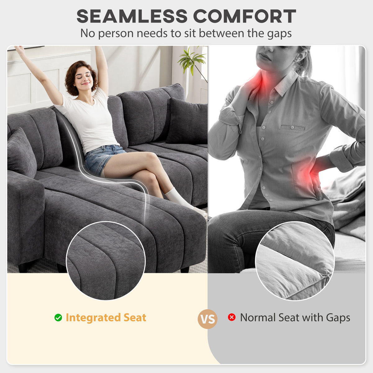Modular Sectional Sofa with Changeable Chaise, Integrated Seat, 95" Large 3 Seater L-Shaped Sofa with Spring Cushion, 2 Pillows, Steel Frame for Living Room, Charcoal Grey