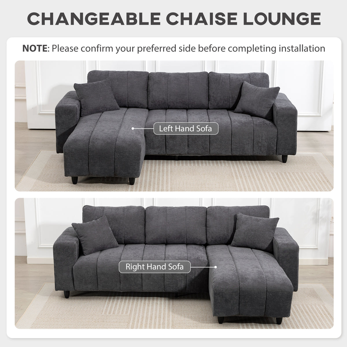 Modular Sectional Sofa with Changeable Chaise, Integrated Seat, 95" Large 3 Seater L-Shaped Sofa with Spring Cushion, 2 Pillows, Steel Frame for Living Room, Charcoal Grey
