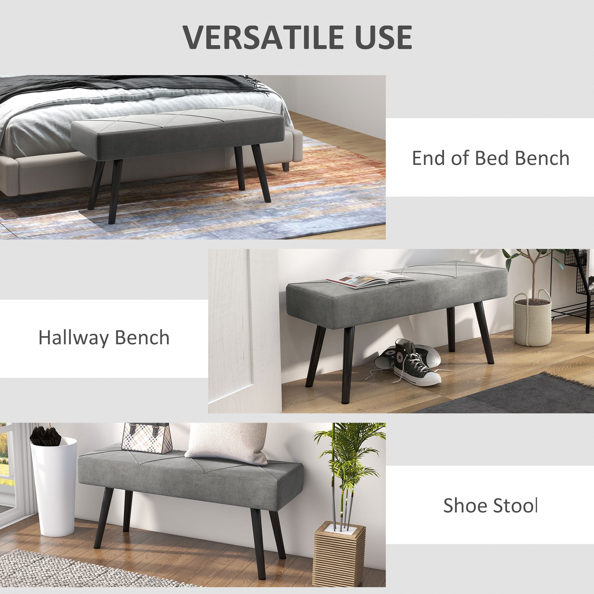 HOMCOM 39" End of Bed Bench, Velvet Upholstered Entryway Bench with Steel Legs, Bedroom Bench for Living Room, Dining Room, Hallway, Grey