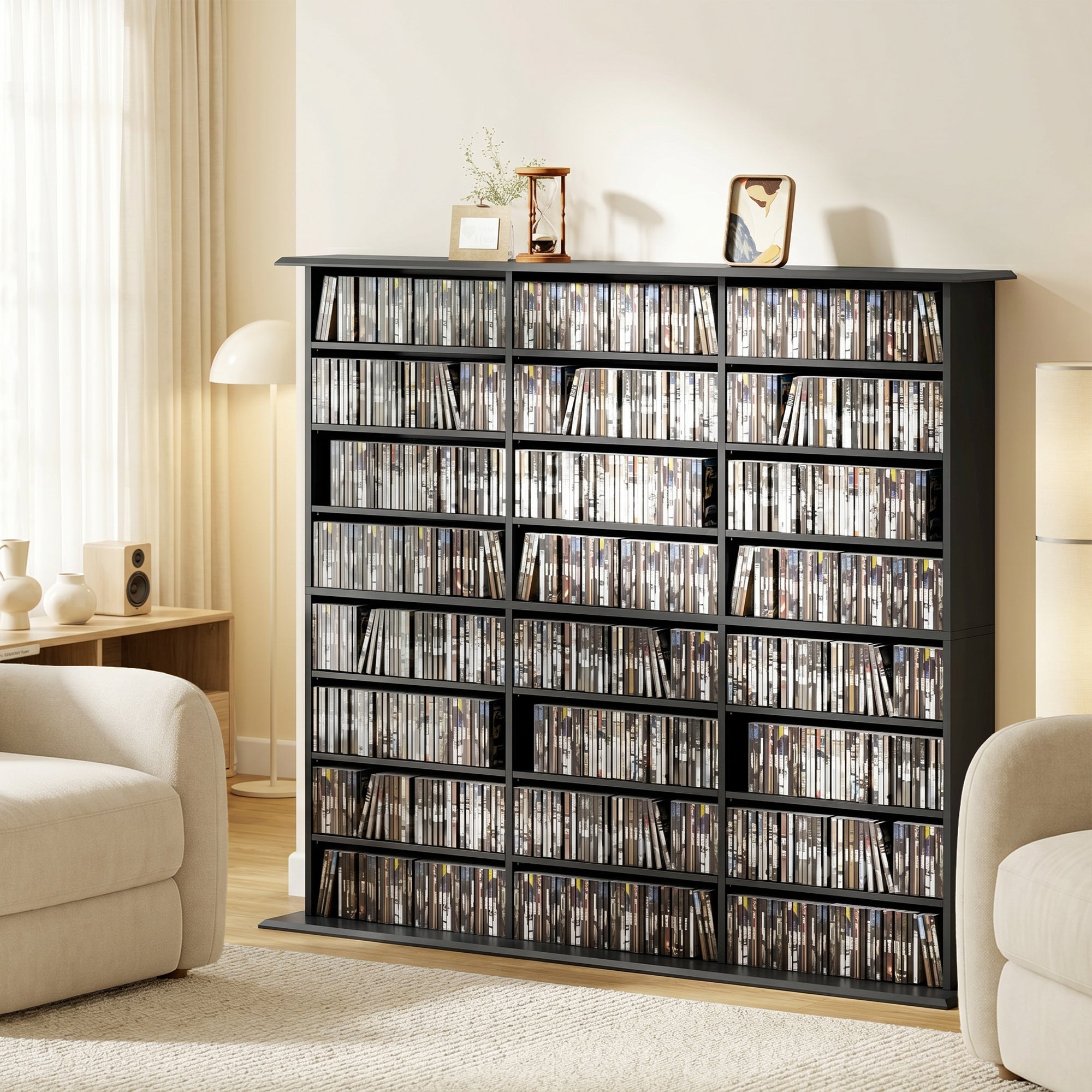 1032 CD/594 DVD Storage Unit, Blu-ray Media Storage Shelf with 24 Compartments and 18 Adjustable Shelves, CD Tower for Living Room, Bedroom, Office, Black