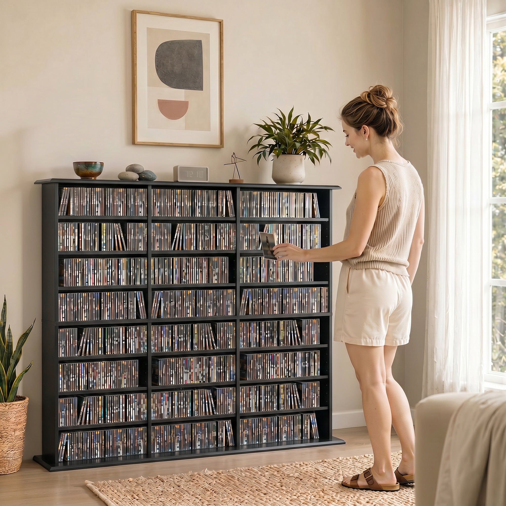 1032 CD/594 DVD Storage Unit, Blu-ray Media Storage Shelf with 24 Compartments and 18 Adjustable Shelves, CD Tower for Living Room, Bedroom, Office, Black