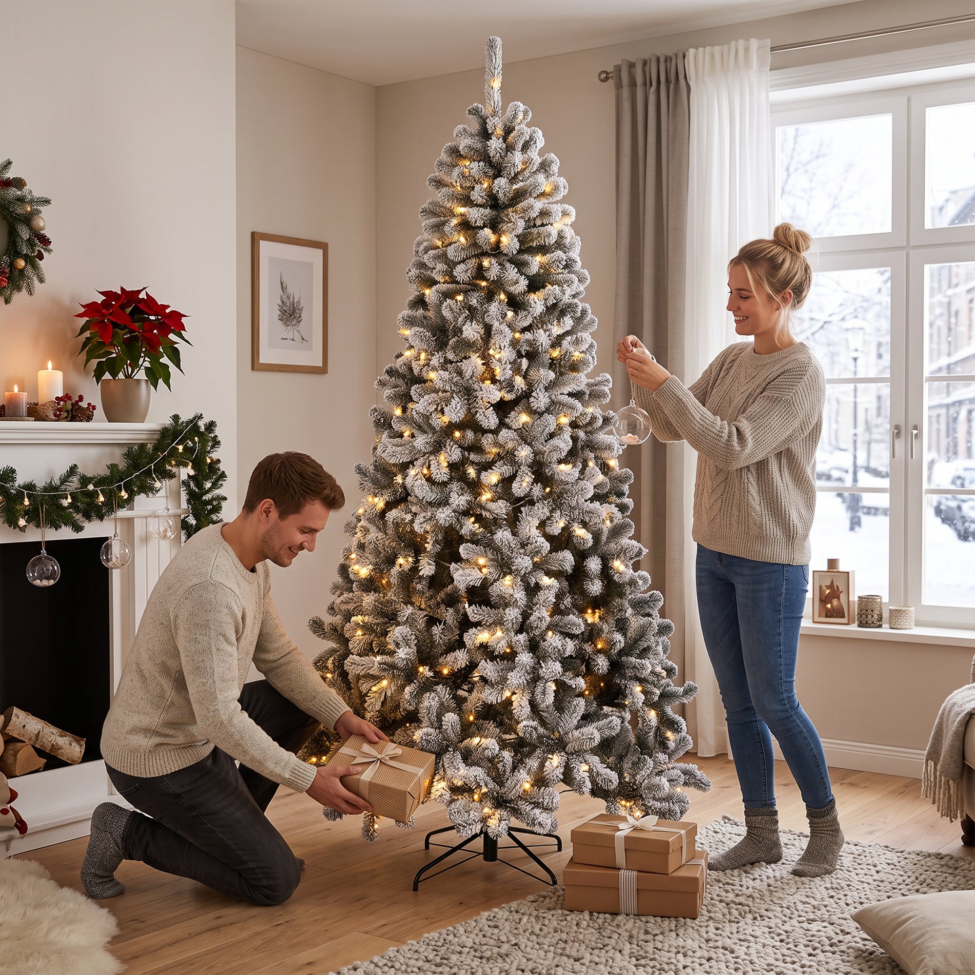 7.5ft Flocked Prelit Christmas Tree, Northern Pine, Artificial Xmas Tree with 1201 Curved Tips, 350 LEDs, Foldable Steel Base, Green White