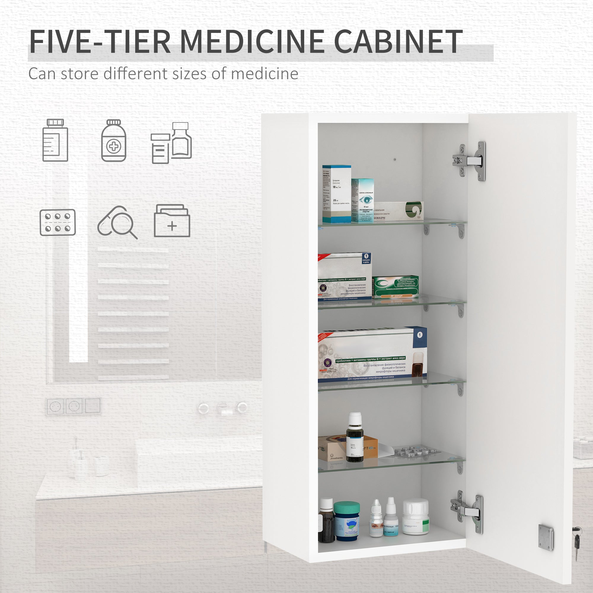 kleankin Wall Mounted Medicine Cabinet, 5-tier Lockable Emergency Box with 2 Keys, First Aid Unit with Adjustable Shelves for Bathroom Kitchen, White