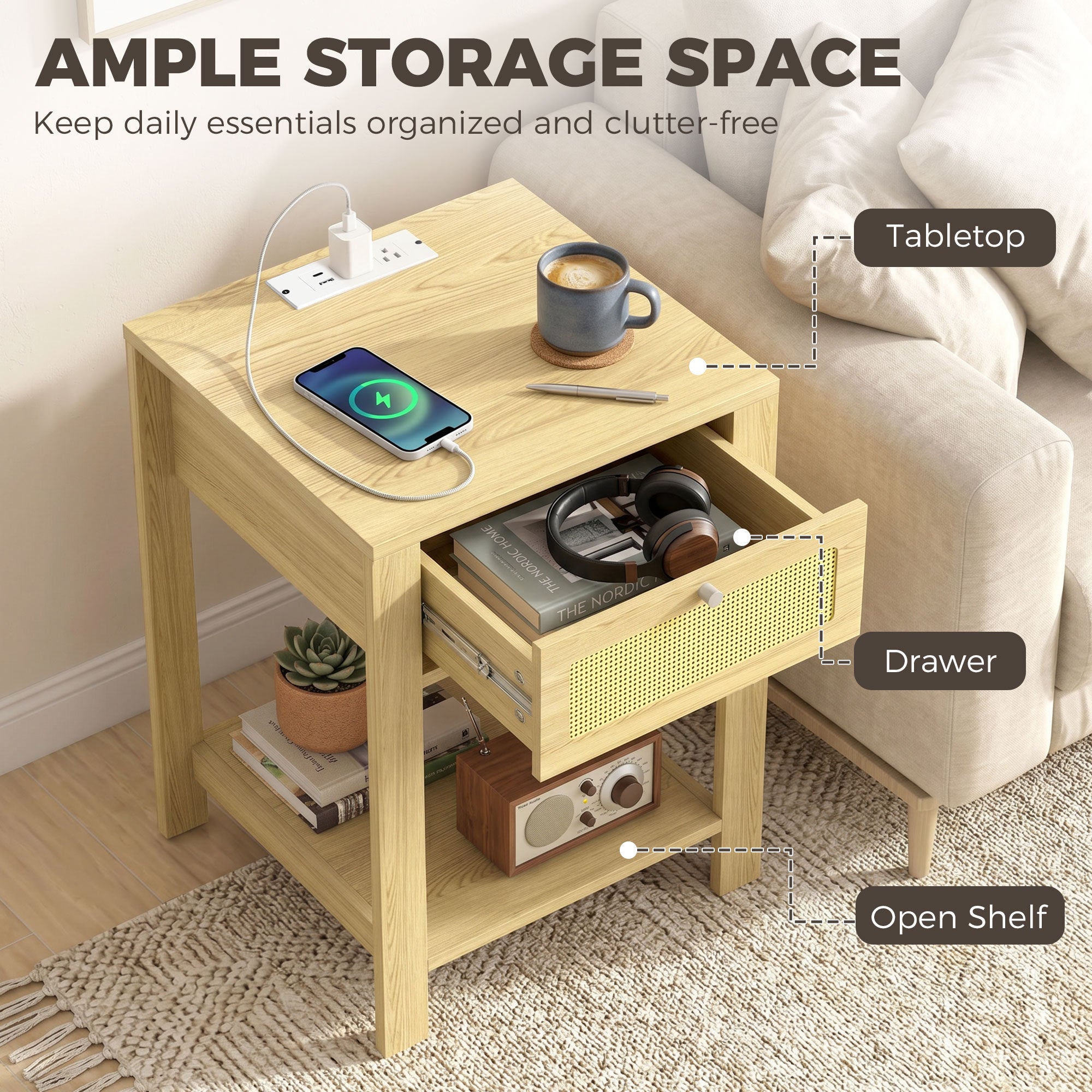 End Table Set of 2 with Charging Station, Bed Side Tables Set with Drawer, Open Storage Shelf, Rattan-Like Drawer Front, Modern Farmhouse for Living Room, Natural Wood