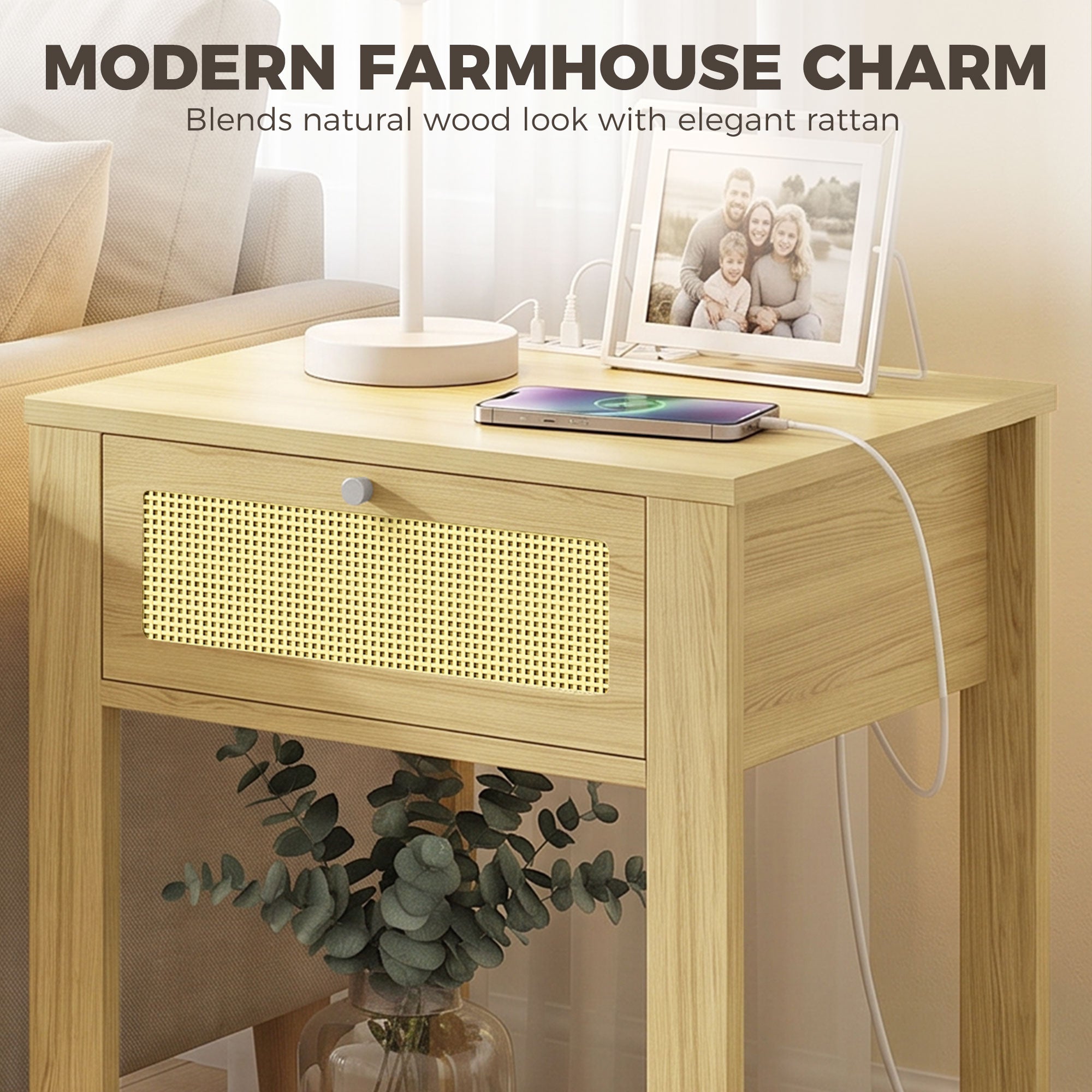 End Table Set of 2 with Charging Station, Bed Side Tables Set with Drawer, Open Storage Shelf, Rattan-Like Drawer Front, Modern Farmhouse for Living Room, Natural Wood