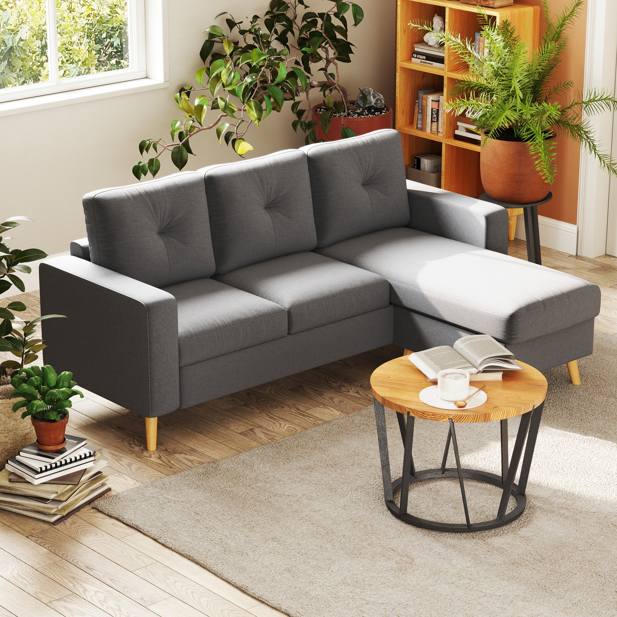 HOMCOM Modular Sectional Sofa, L Shape Sectional Couch with Reversible Chaise, Modern Tufted 3 Seater Corner Sofa with Wooden Legs for Living Room, Bedroom, Dark Grey