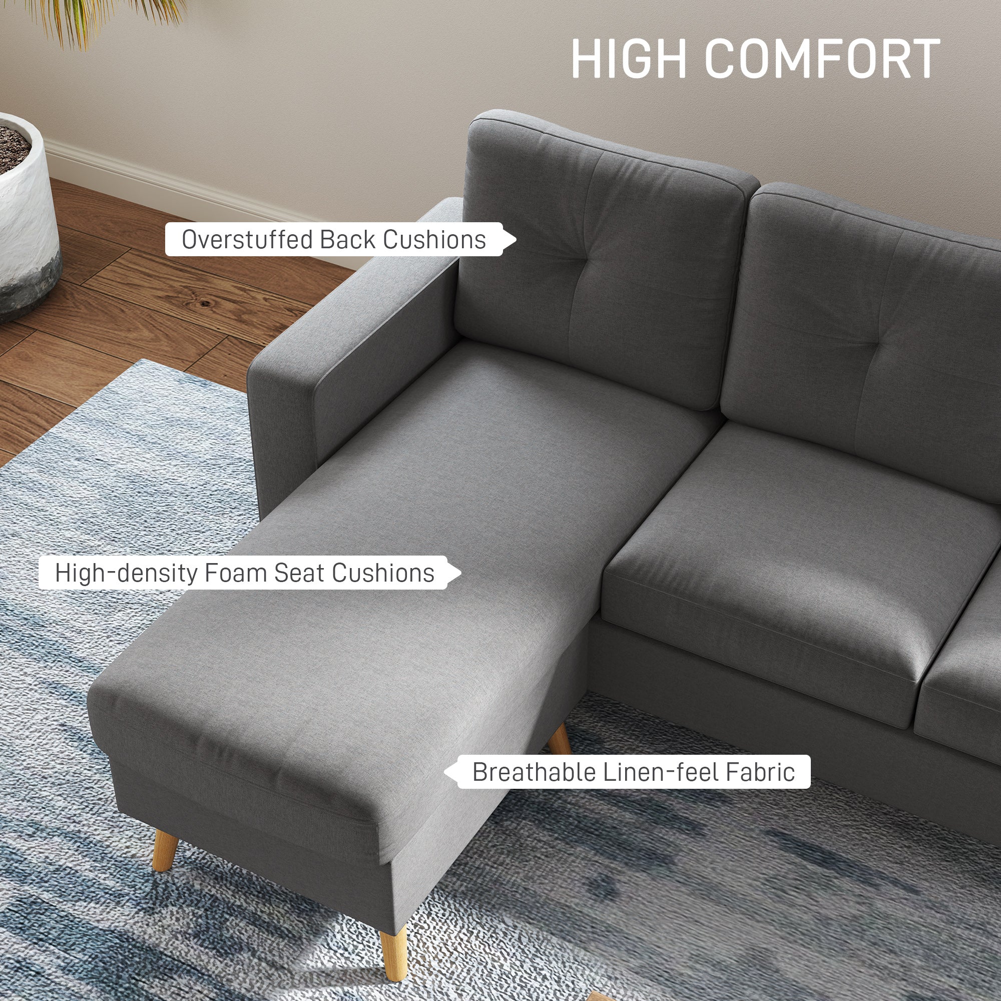 HOMCOM Modular Sectional Sofa, L Shape Sectional Couch with Reversible Chaise, Modern Tufted 3 Seater Corner Sofa with Wooden Legs for Living Room, Bedroom, Dark Grey