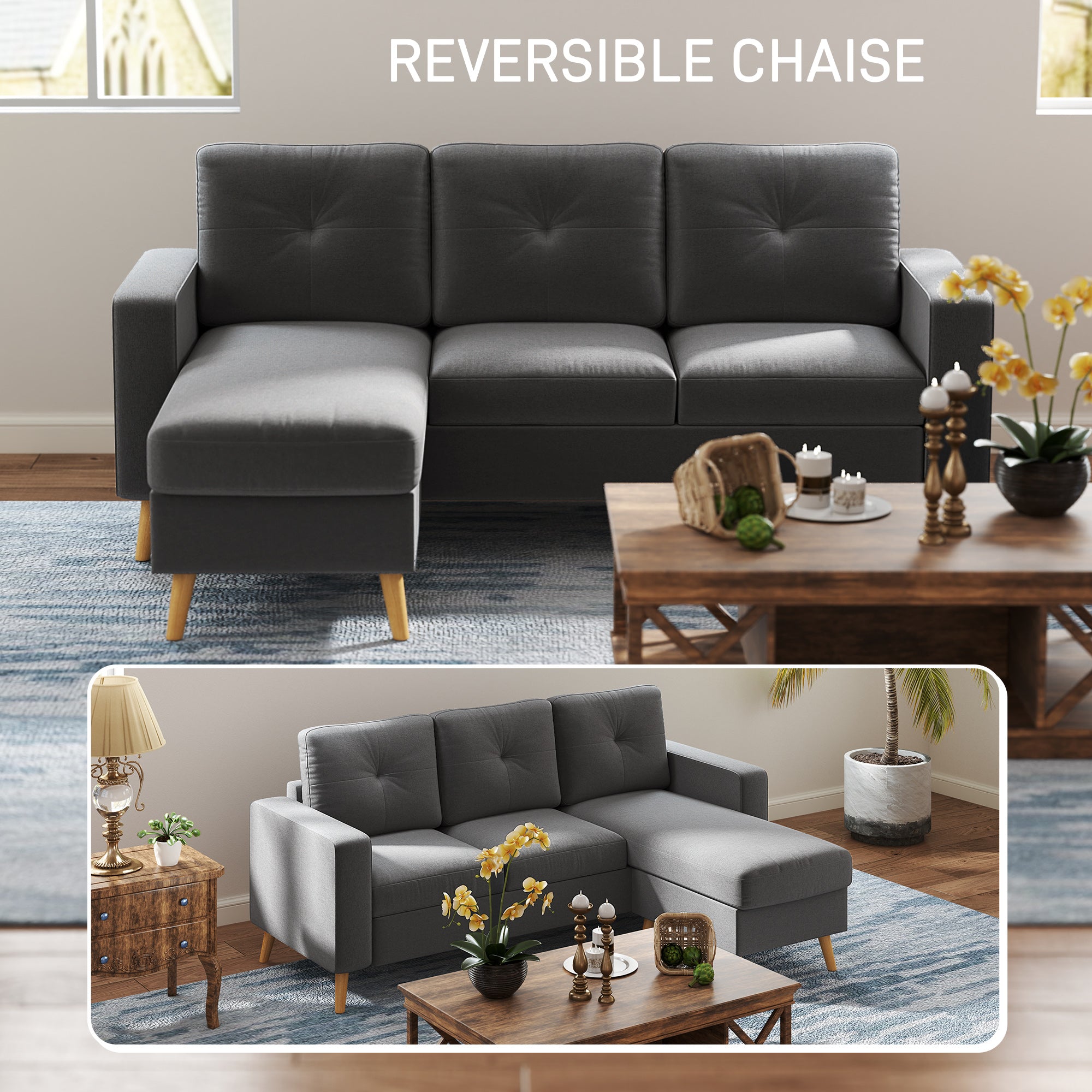 HOMCOM Modular Sectional Sofa, L Shape Sectional Couch with Reversible Chaise, Modern Tufted 3 Seater Corner Sofa with Wooden Legs for Living Room, Bedroom, Dark Grey