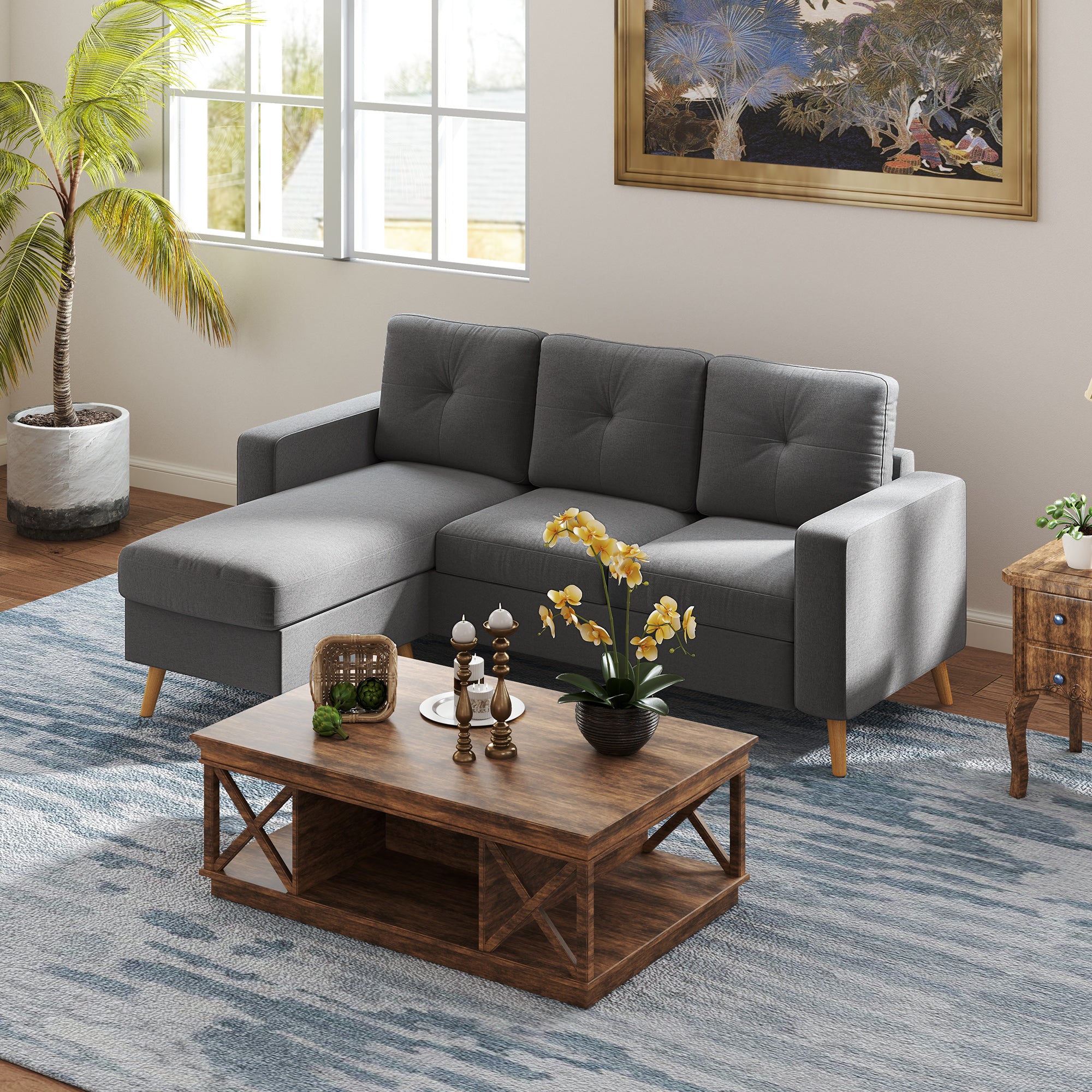 HOMCOM Modular Sectional Sofa, L Shape Sectional Couch with Reversible Chaise, Modern Tufted 3 Seater Corner Sofa with Wooden Legs for Living Room, Bedroom, Dark Grey
