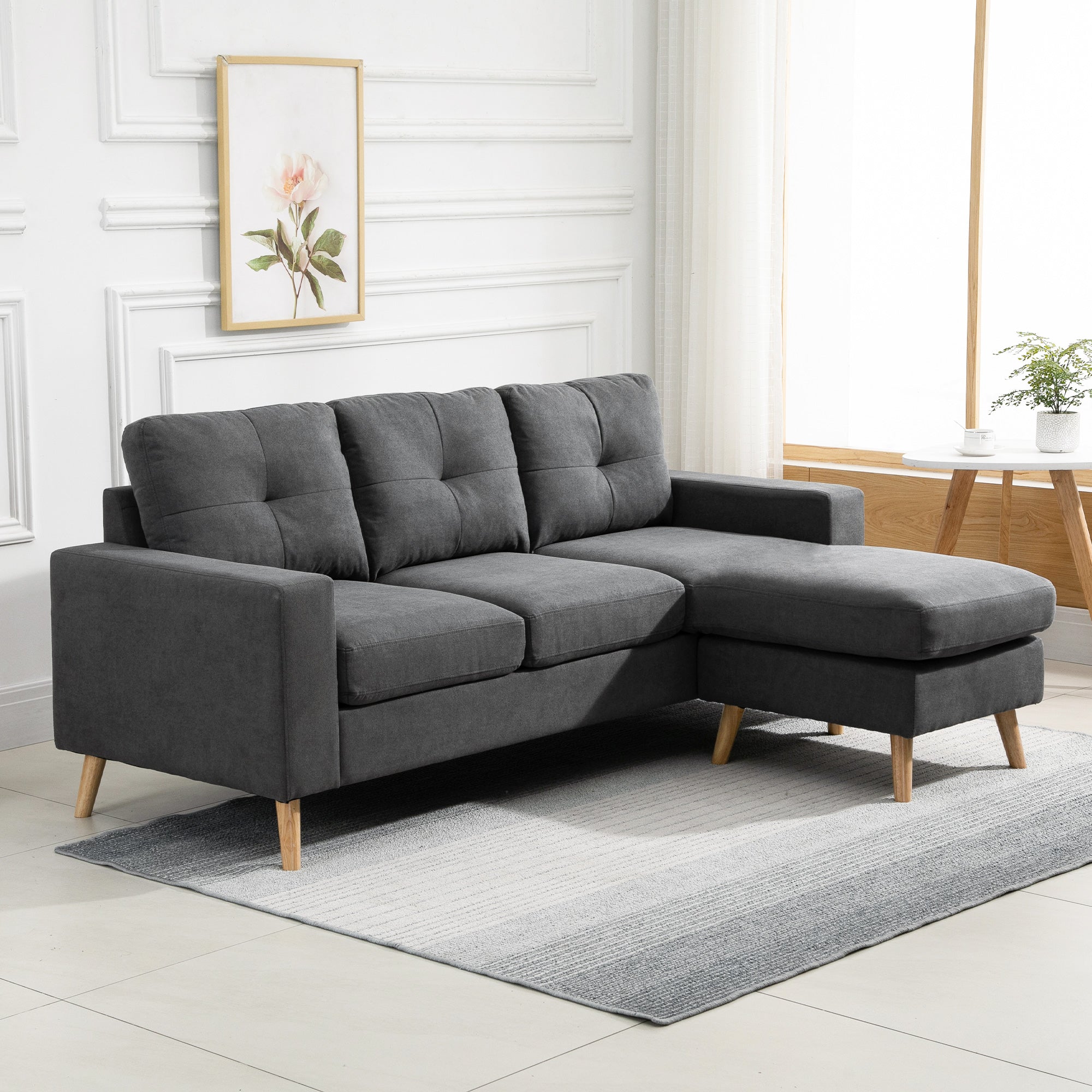 HOMCOM Modular Sectional Sofa, L Shape Sectional Couch with Reversible Chaise, Modern Tufted 3 Seater Corner Sofa with Wooden Legs for Living Room, Bedroom, Dark Grey