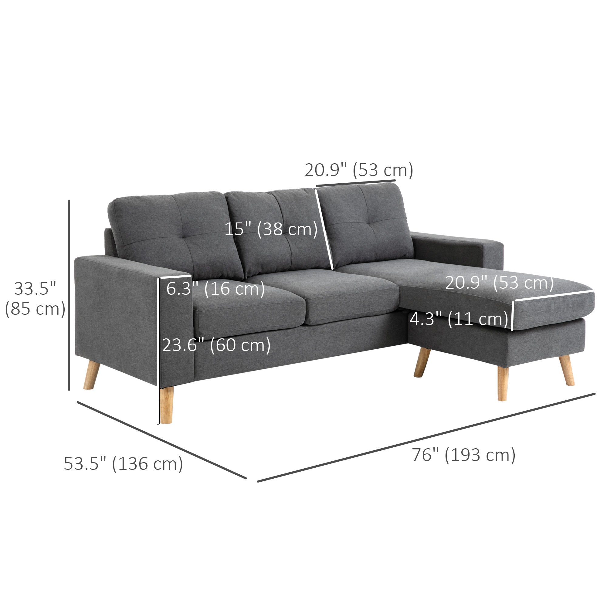 HOMCOM Modular Sectional Sofa, L Shape Sectional Couch with Reversible Chaise, Modern Tufted 3 Seater Corner Sofa with Wooden Legs for Living Room, Bedroom, Dark Grey