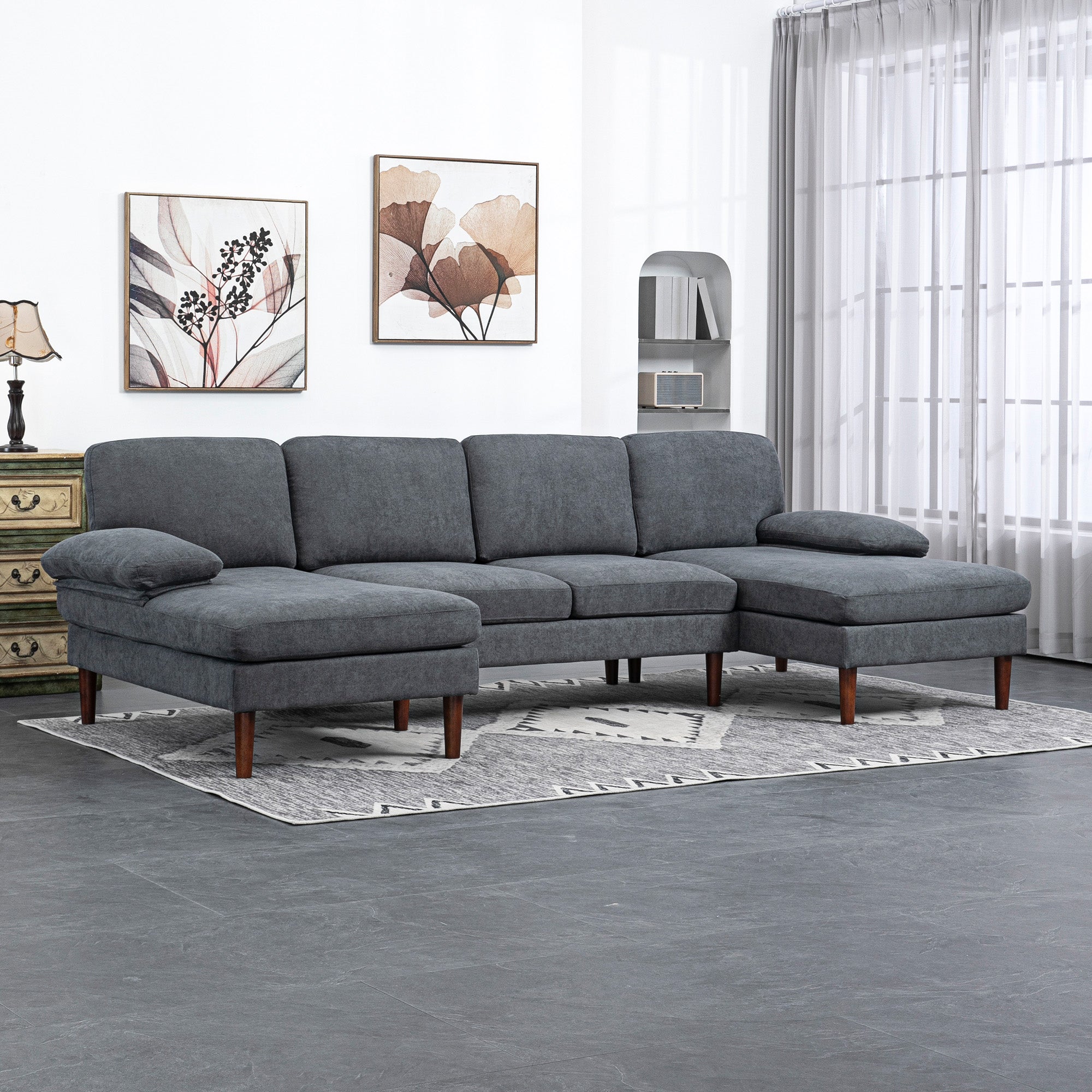 HOMCOM U Shape Sofa with Double Chaise Lounge, Modern 4 Seater Couch with Wooden Legs and Arms, Fabric Sofa for Living Room, Bedroom, Dark Grey