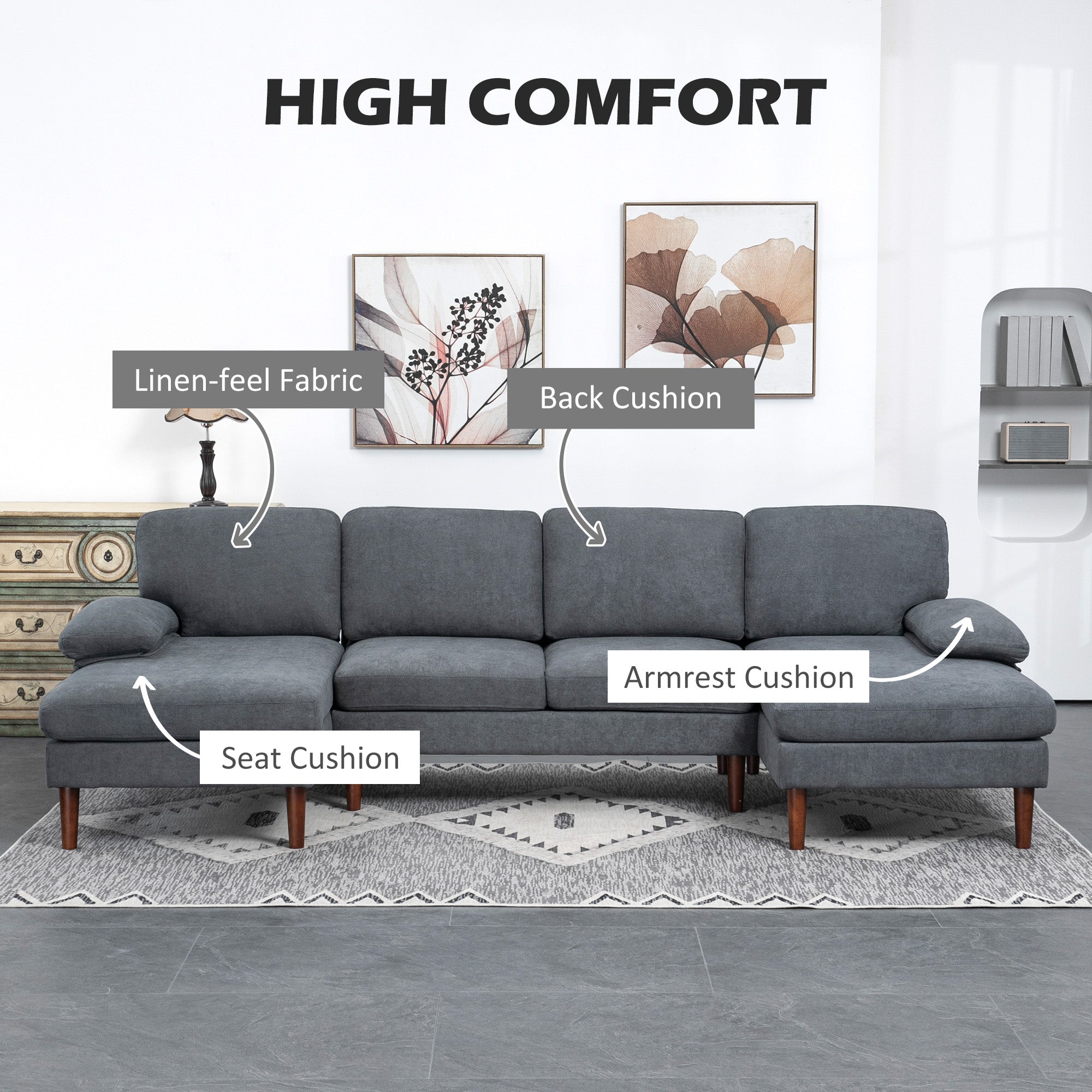 HOMCOM U Shape Sofa with Double Chaise Lounge, Modern 4 Seater Couch with Wooden Legs and Arms, Fabric Sofa for Living Room, Bedroom, Dark Grey