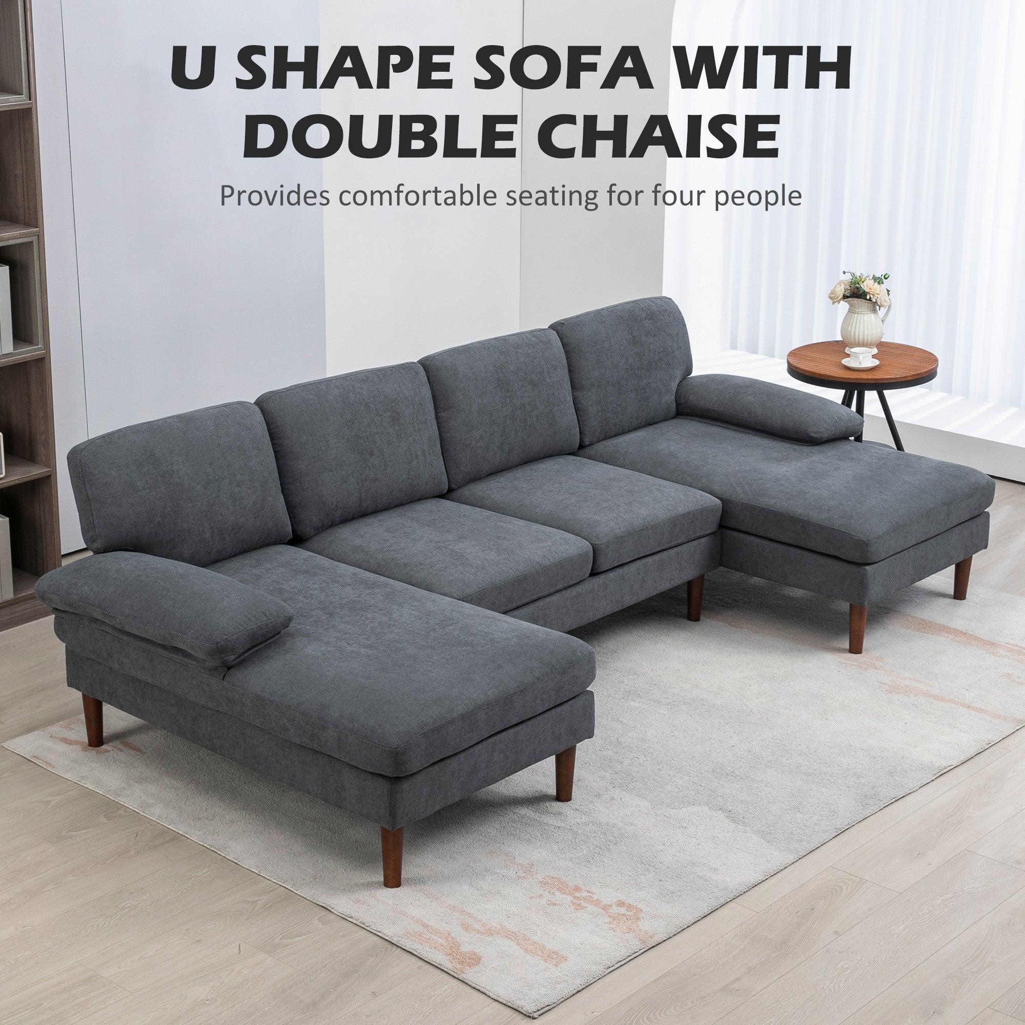 HOMCOM U Shape Sofa with Double Chaise Lounge, Modern 4 Seater Couch with Wooden Legs and Arms, Fabric Sofa for Living Room, Bedroom, Dark Grey