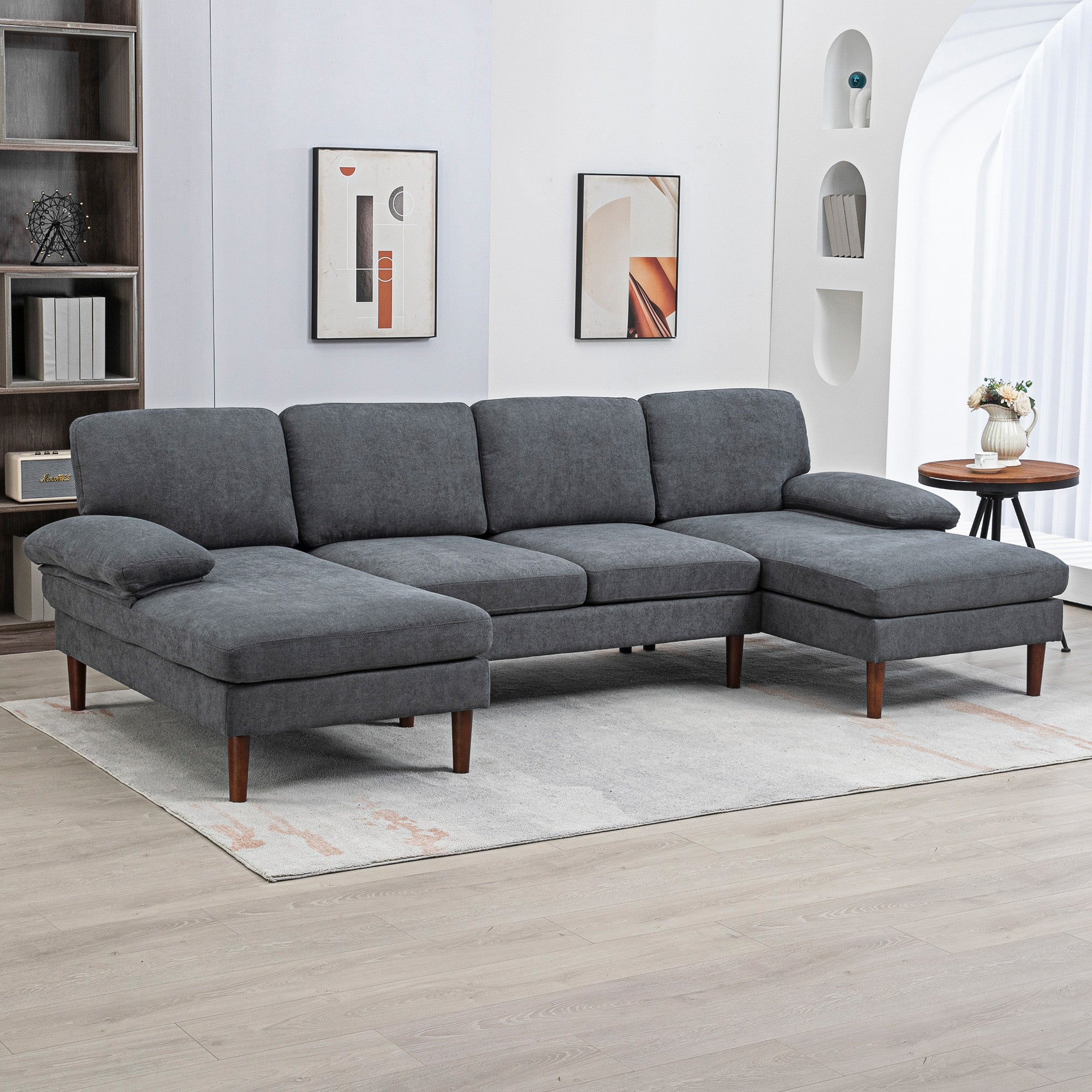 HOMCOM U Shape Sofa with Double Chaise Lounge, Modern 4 Seater Couch with Wooden Legs and Arms, Fabric Sofa for Living Room, Bedroom, Dark Grey