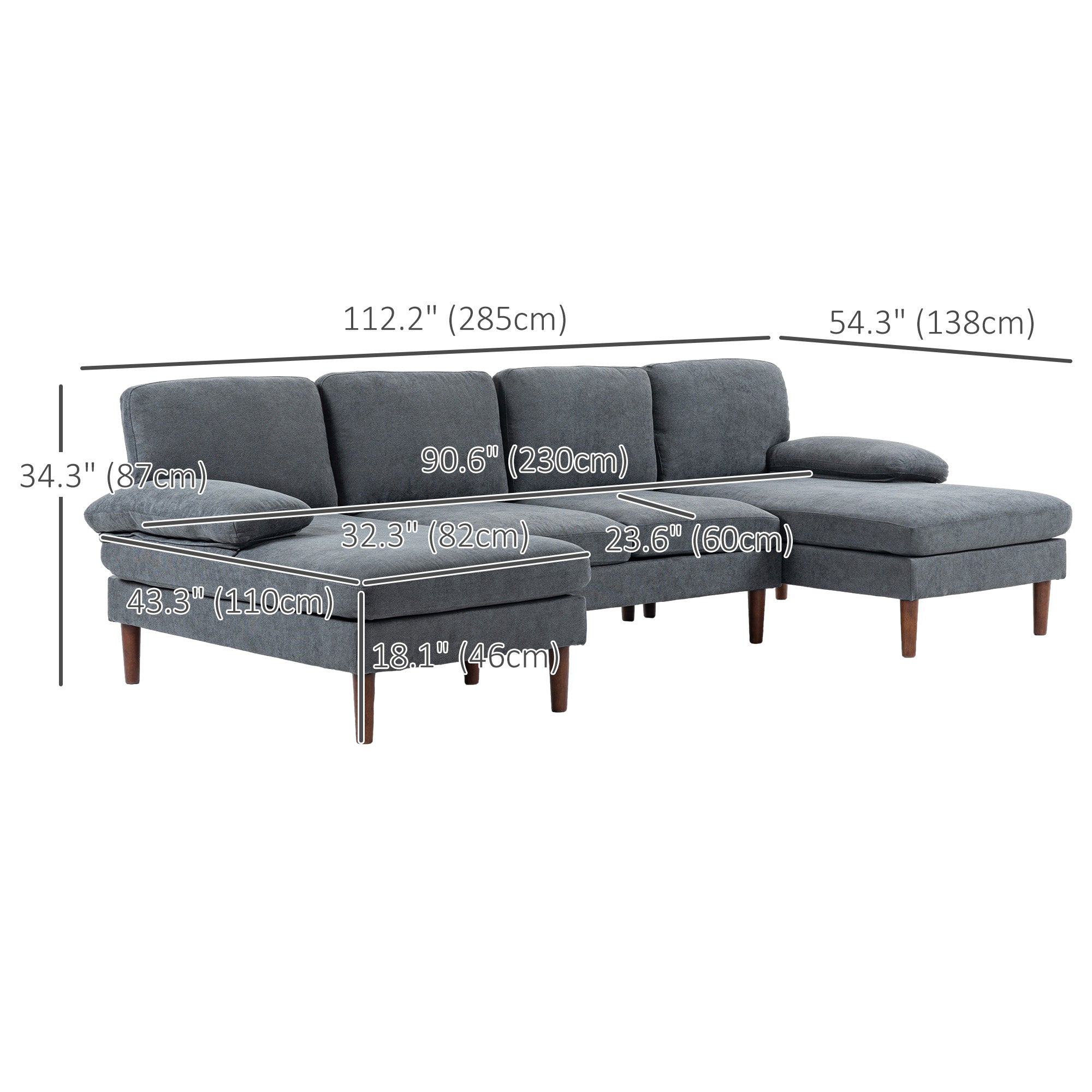 HOMCOM U Shape Sofa with Double Chaise Lounge, Modern 4 Seater Couch with Wooden Legs and Arms, Fabric Sofa for Living Room, Bedroom, Dark Grey