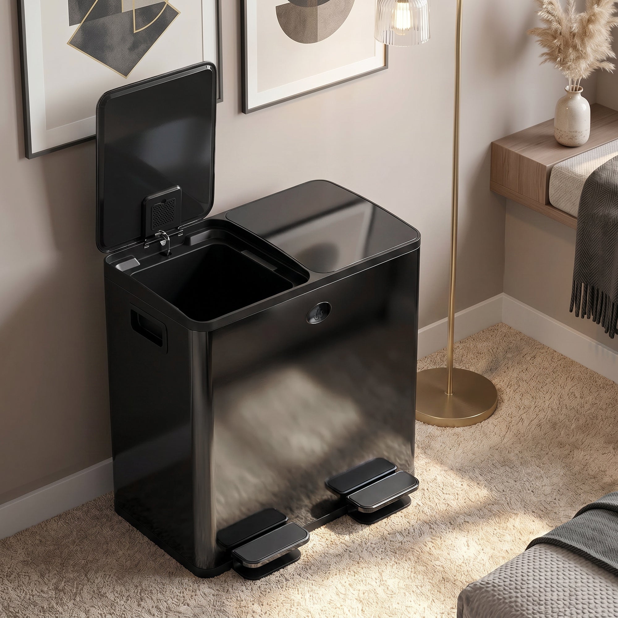 Trash Can, 2 x 5 Gallon Stainless Steel Garbage Can with Soft Close, Stay-Open Lid, Pedals, Inner Buckets and Deodorizer Compartment, Fingerprint-Proof, for Kitchen, Home Office, Black