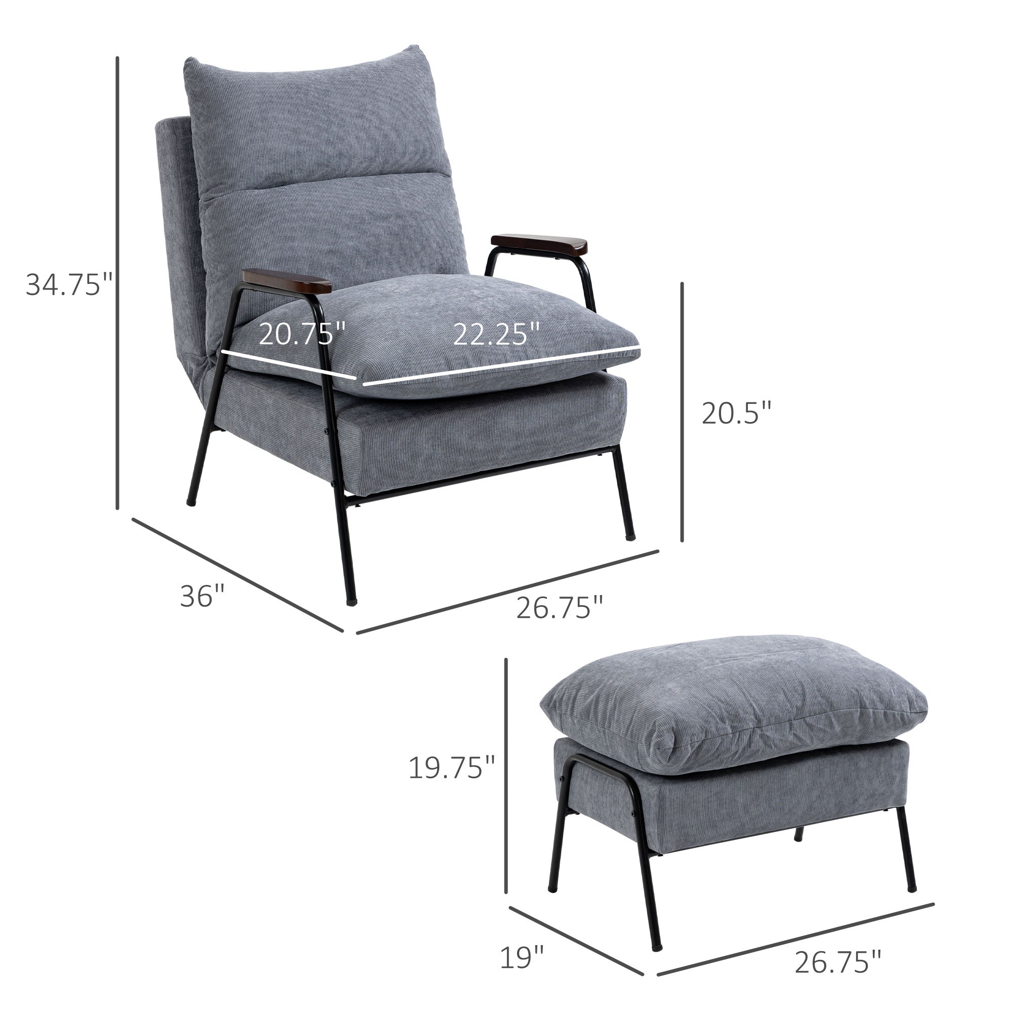 Accent Chair with Ottoman Reclining Comfy Chair with Adjustable Backrest and Steel Frame Light Gray