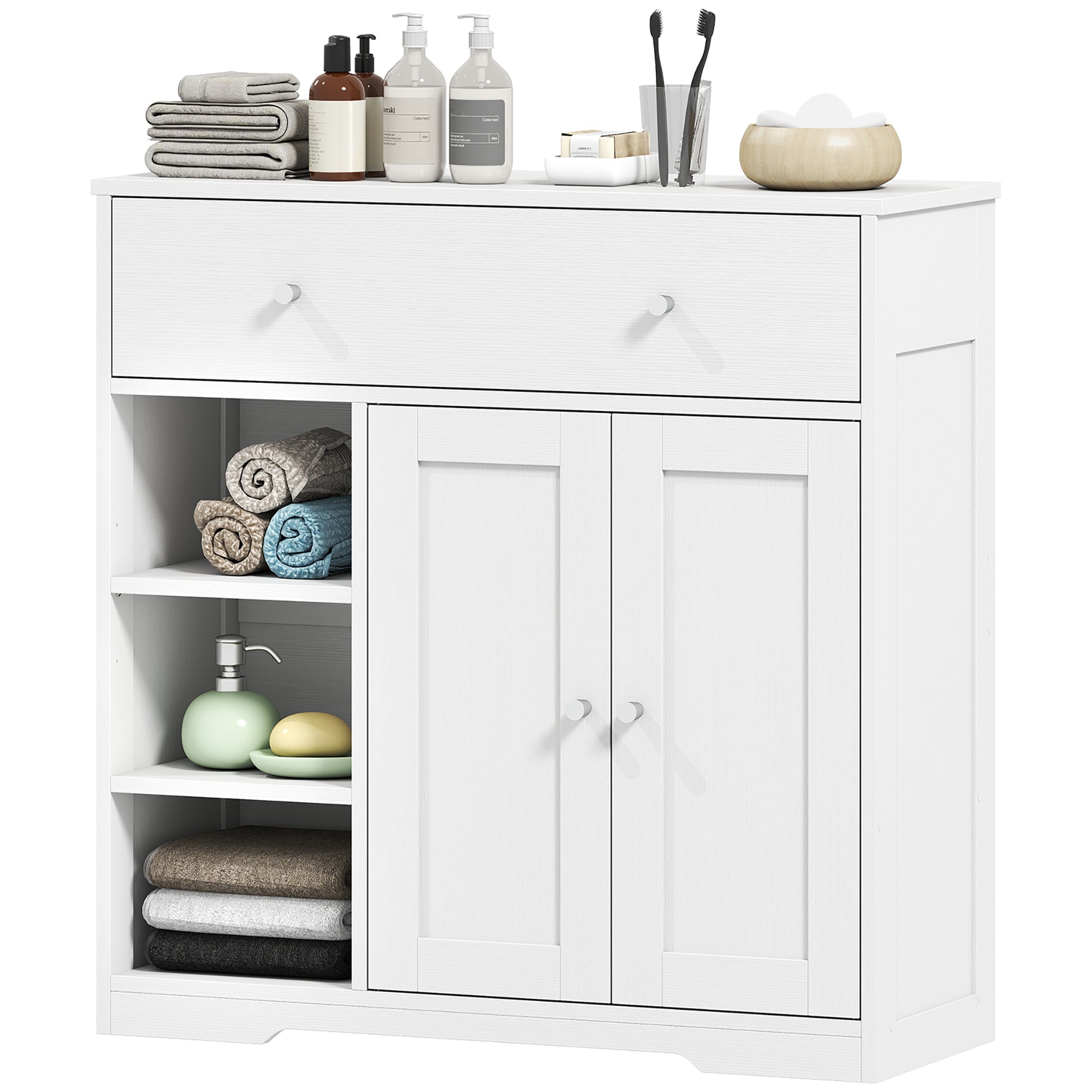 Bathroom Floor Cabinet, Freestanding Bathroom Cabinet with Drawer, Door, Open Shelves, for Bathroom, Bedroom and Living Room, White