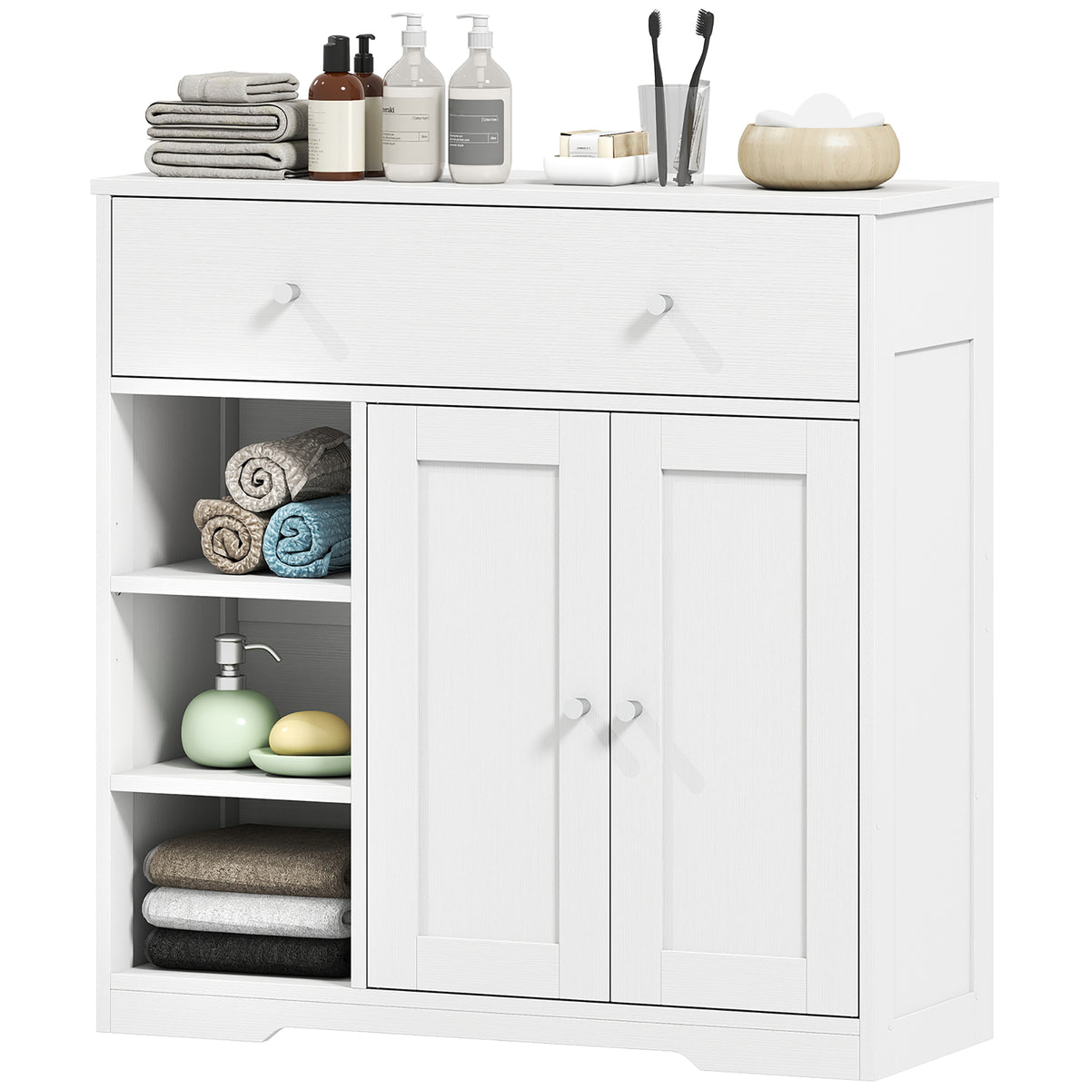 Bathroom Floor Cabinet, Freestanding Bathroom Cabinet with Drawer, Door, Open Shelves, for Bathroom and Living Room, White