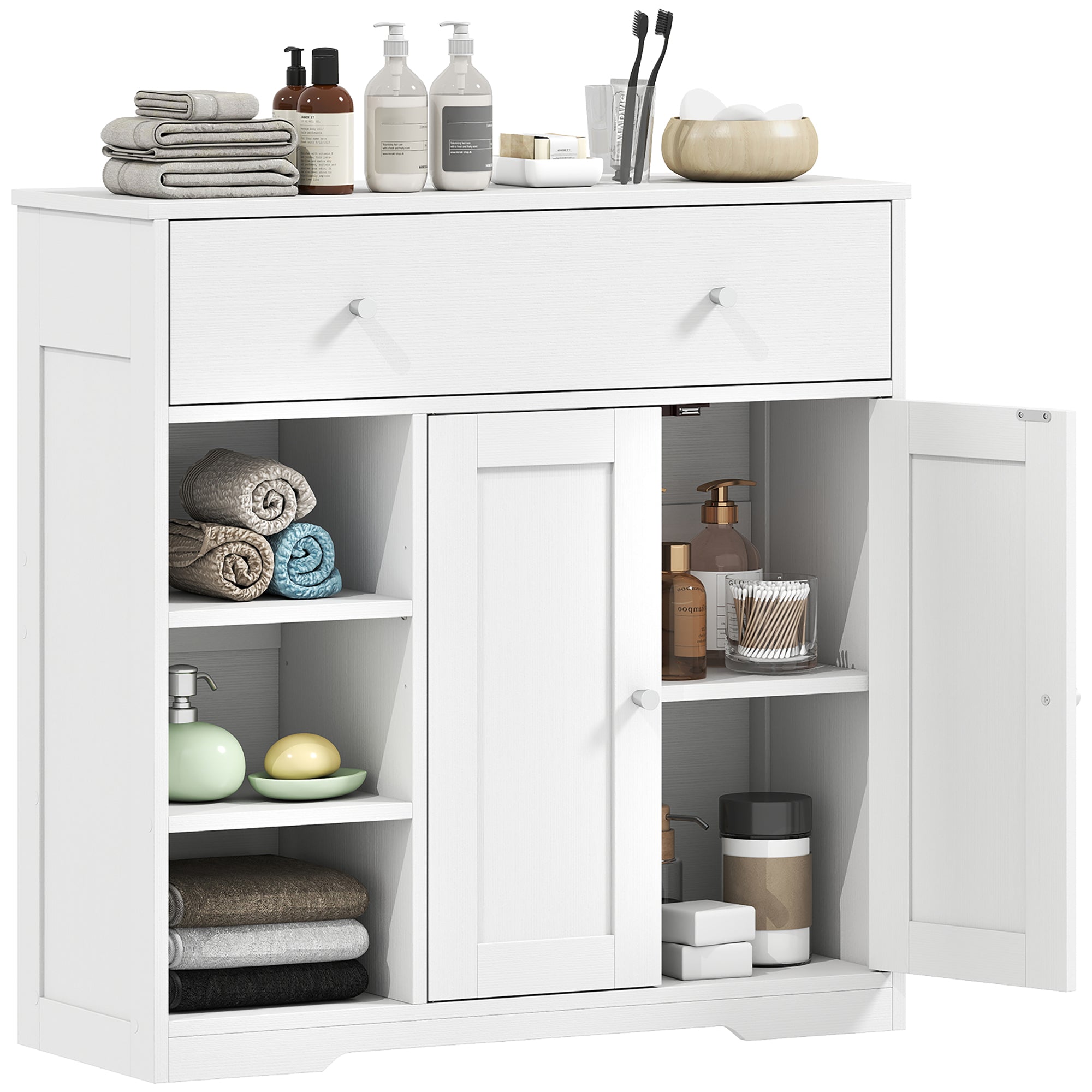 Bathroom Floor Cabinet, Freestanding Bathroom Cabinet with Drawer, Door, Open Shelves, for Bathroom, Bedroom and Living Room, White